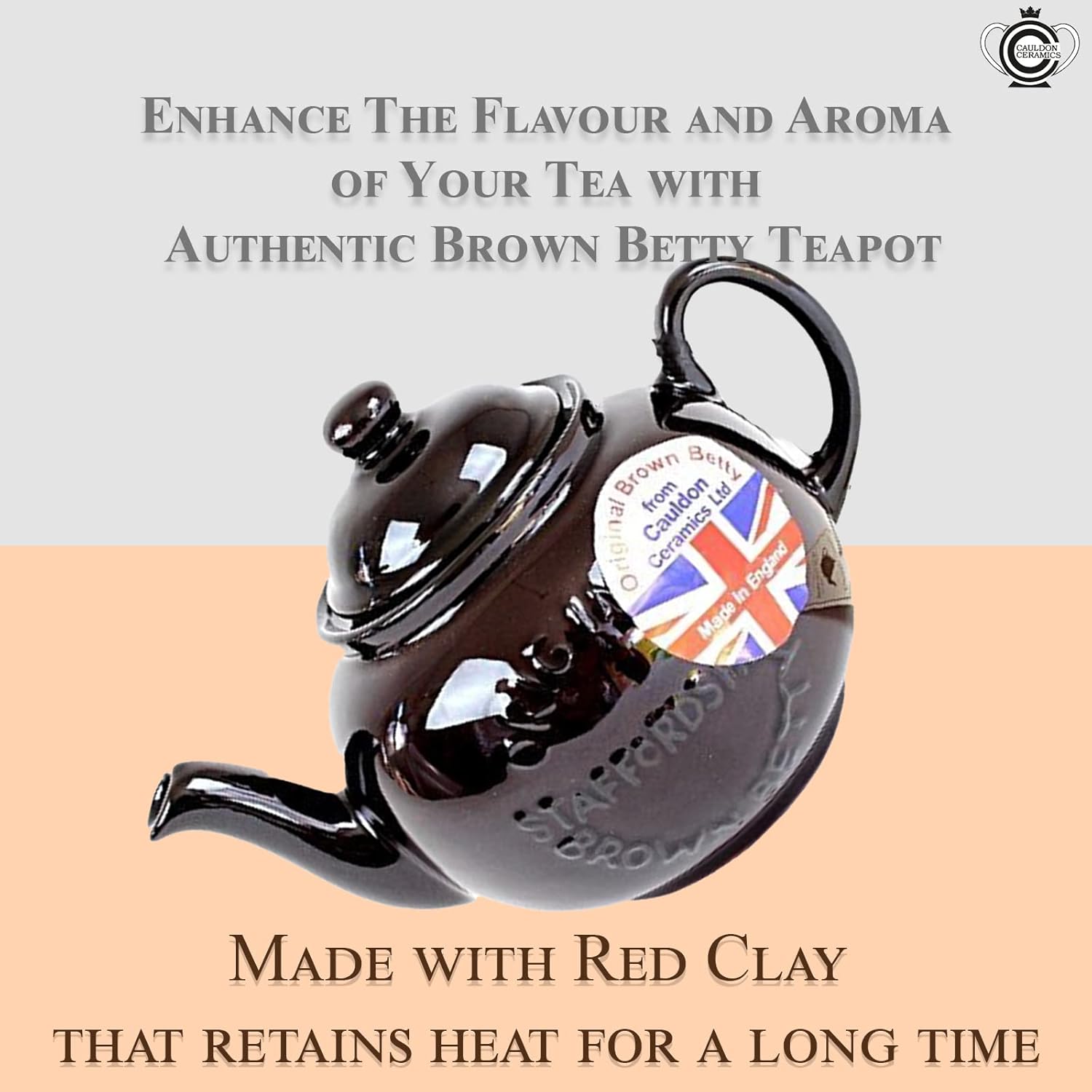 Cauldon Ceramics Classic Brown Betty Tea Pot  Tetera Betty marrón de 4 tazas hecha a mano con logotipo, fabricada con arcilla roja Staffordshire,