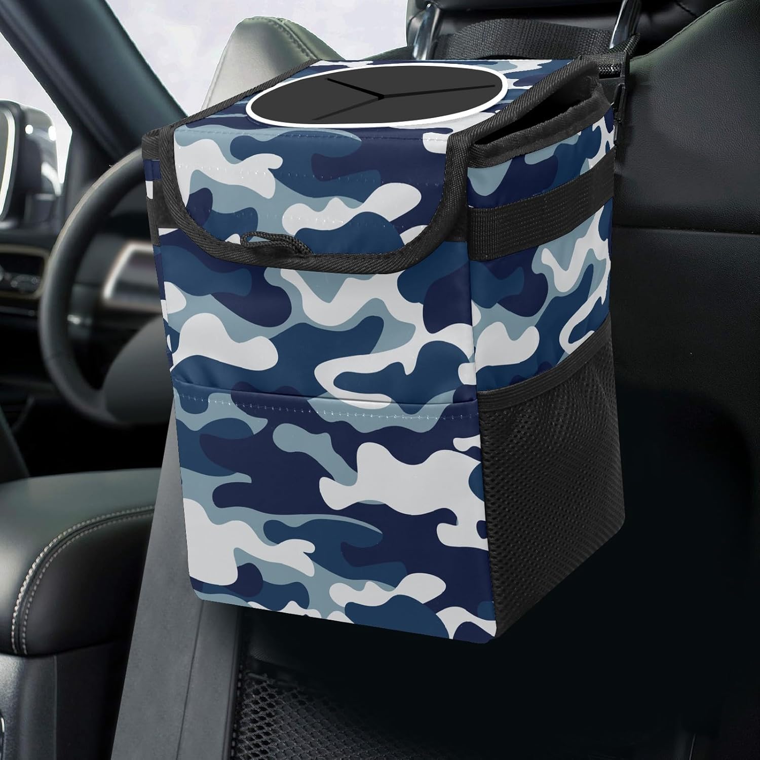 SOLONDA Papelera plegable con tapa para asiento trasero de automóvil, a prueba de fugas, bolsa de basura para colgar en el auto, cubo de basura de