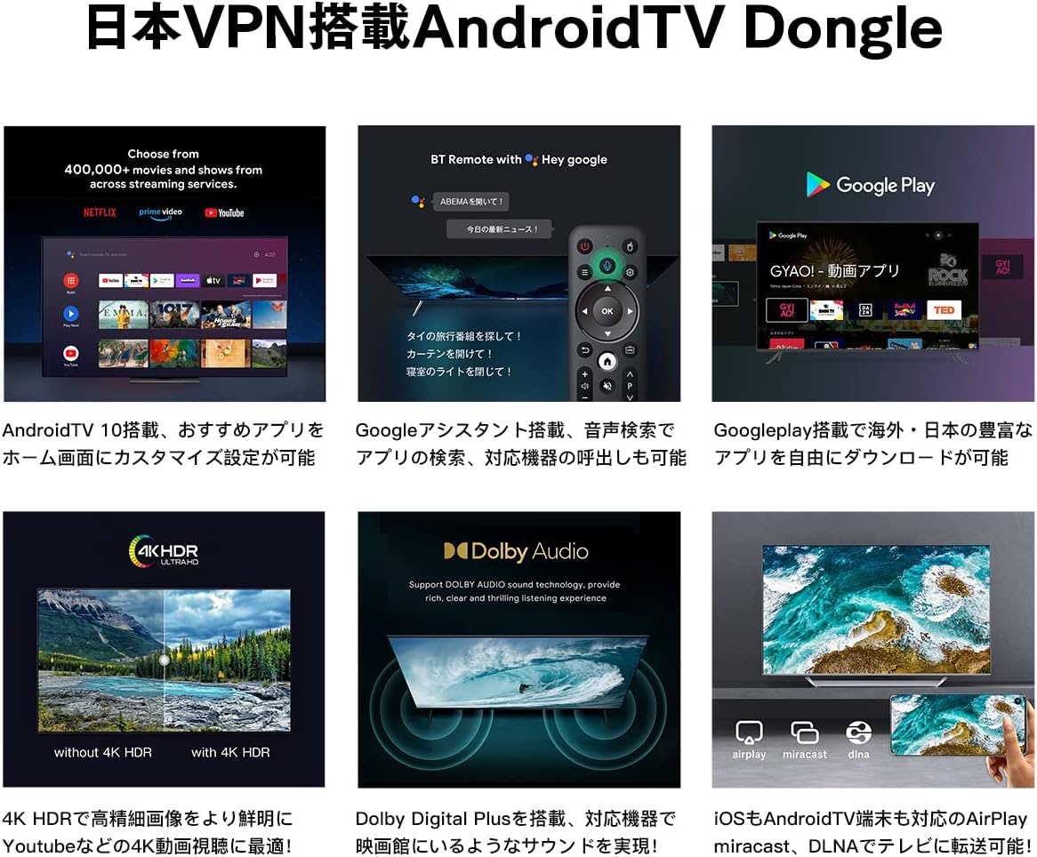 RAKULINK Japanese IP Contents 4K Android TV Stick S20 Dongle Version with Japan VPN Android TV 10.02 GB RAM, 16 GB ROM, Google Assistant, Google