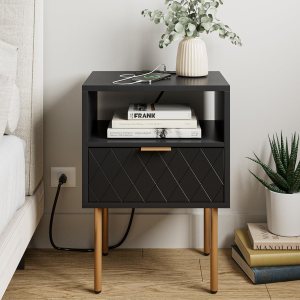 Aobafuir Mesita de noche con estación de carga, cómoda con cajón para dormitorio, mesa auxiliar pequeña con cajón, mesita de noche, mesa auxiliar Aobafuir Mesita de noche con estación de carga, cómoda con cajón para dormitorio, mesa auxiliar pequeña con cajón, mesita de noche, mesa auxiliar