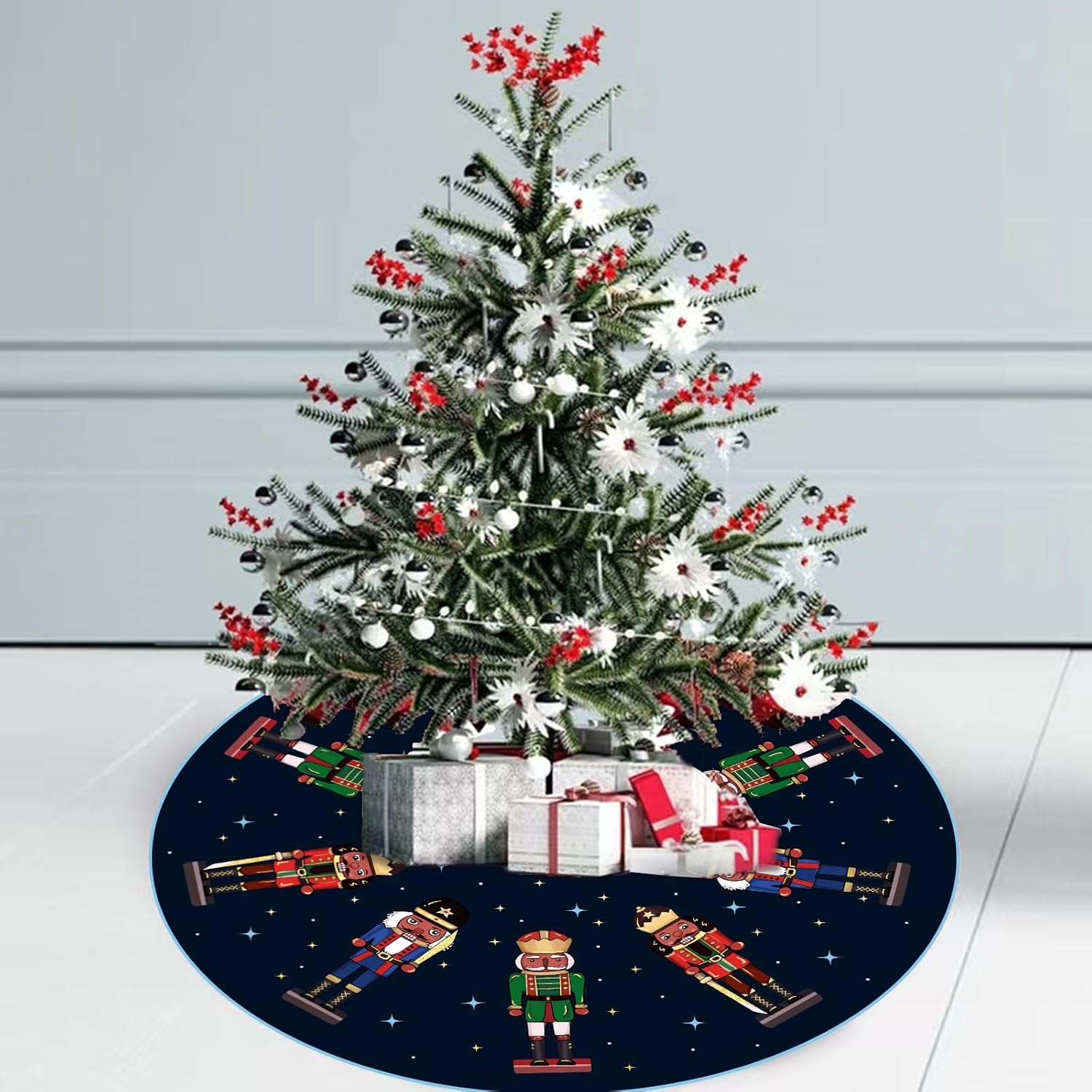 Falda de árbol de Navidad, color azul marino, cascanueces, falda de árbol de invierno de 48 pulgadas para decoración de Navidad en interiores y