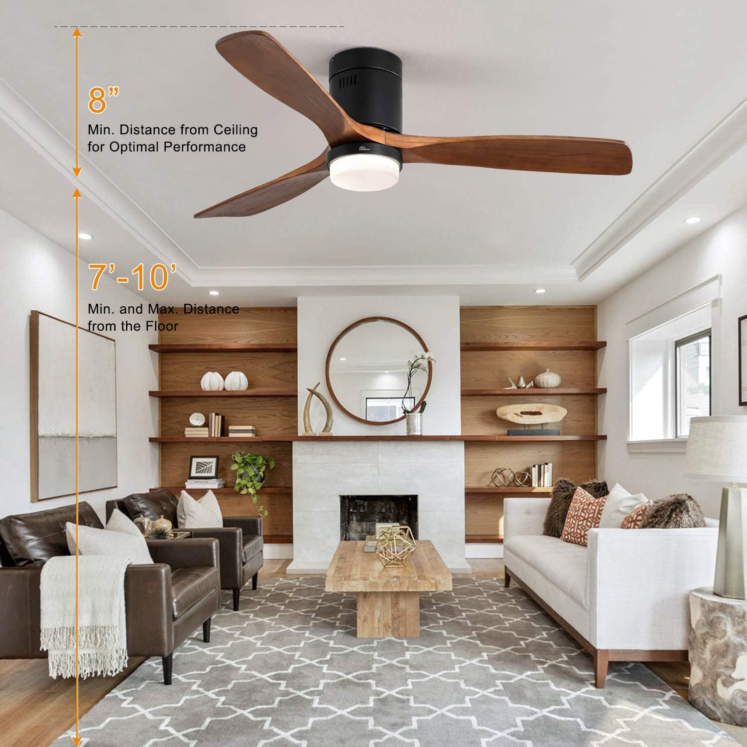 Sofucor Ventiladores de techo de montaje empotrado de 52 pulgadas con luces y control remoto, LED regulable, motor de CC silencioso, para sala de
