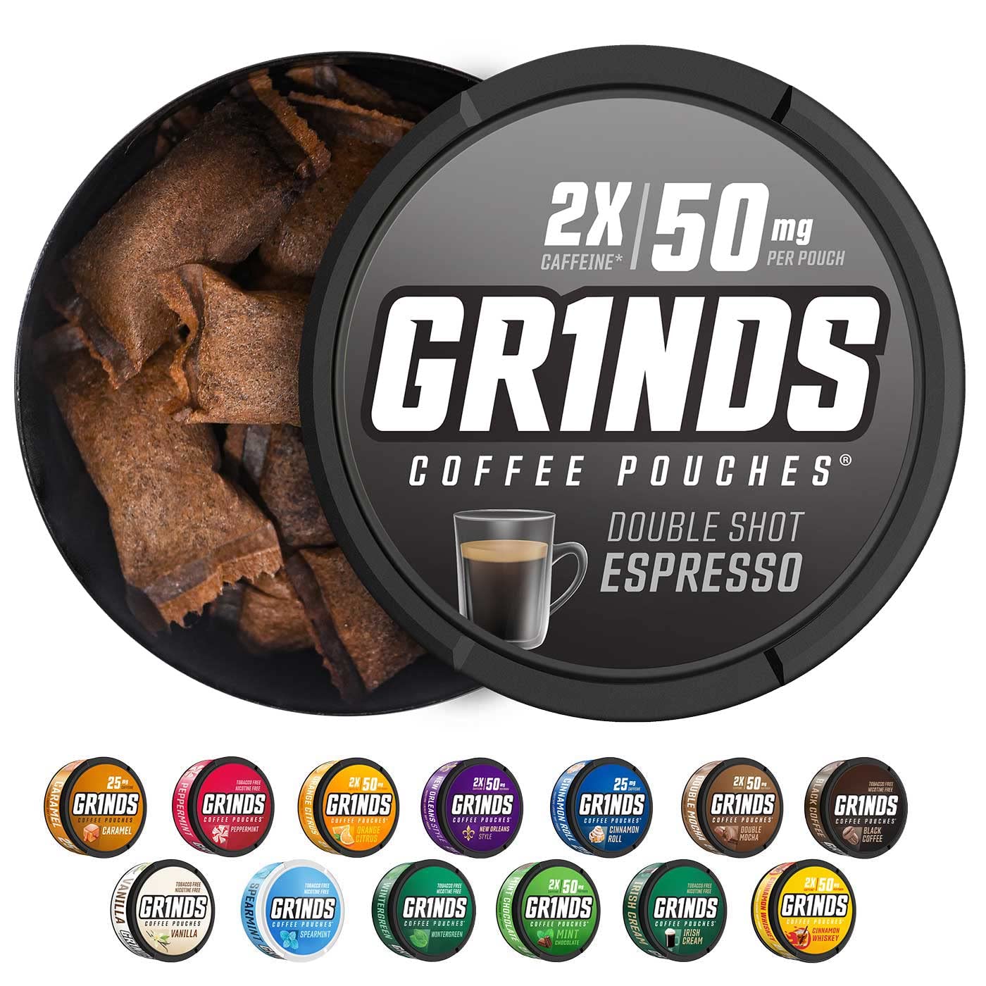 Grinds Bolsas de café  6 latas de espresso de doble chupito  18 bolsas por lata  2 x cafeína, 1 bolsa equivalente. 12 taza de café