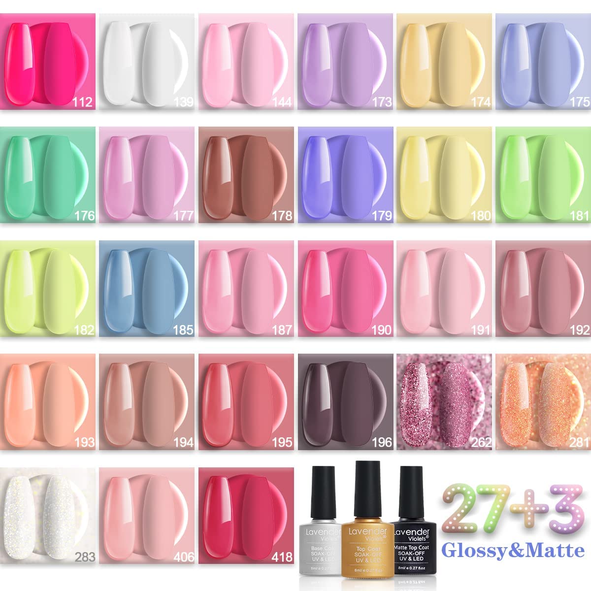 Lavender Violets Kit de esmalte de uñas de gel de 27+3 colores rosa, marrón y blanco, gel de uñas UV LED con base, capa superior mate y brillante