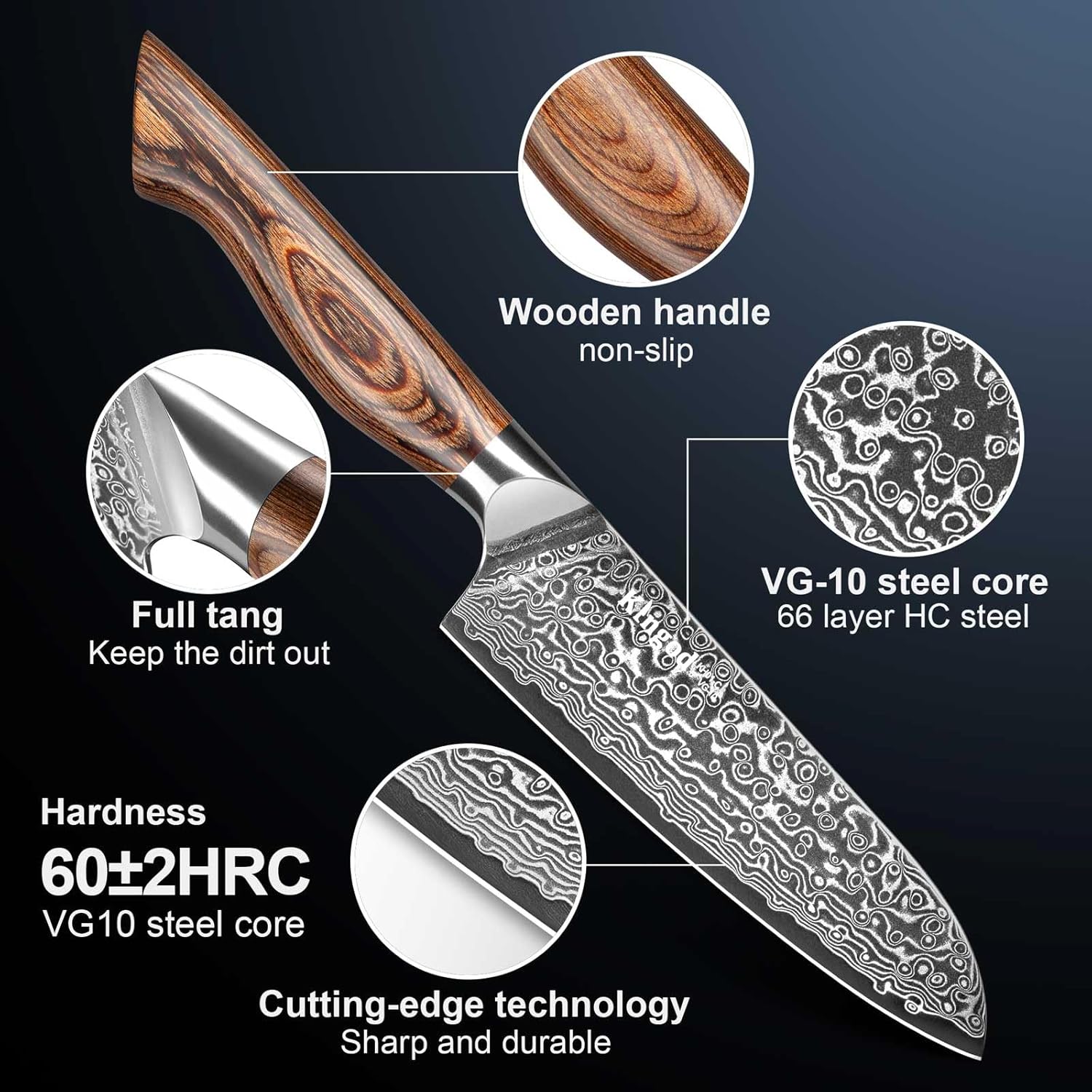 KINGOD Cuchillo de chef Santoku de cocina, cuchillo japonés VG10 de 5 pulgadas de acero inoxidable de alto carbono ultra afilado, mango de madera