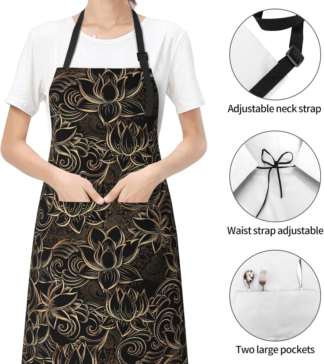 JENKEM Delantal impermeable de flores de loto dorado boho con bolsillos delantales de cocina ajustables babero de cocina para hornear hogar