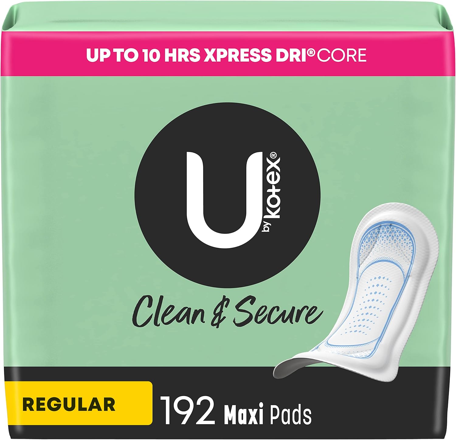U by Kotex Clean & Secure Maxi Pads, absorción regular, 192 unidades (4 paquetes de 48) (el embalaje puede variar)