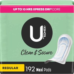 U by Kotex Clean & Secure Maxi Pads, absorción regular, 192 unidades (4 paquetes de 48) (el embalaje puede variar) U by Kotex Clean & Secure Maxi Pads, absorción regular, 192 unidades (4 paquetes de 48) (el embalaje puede variar)