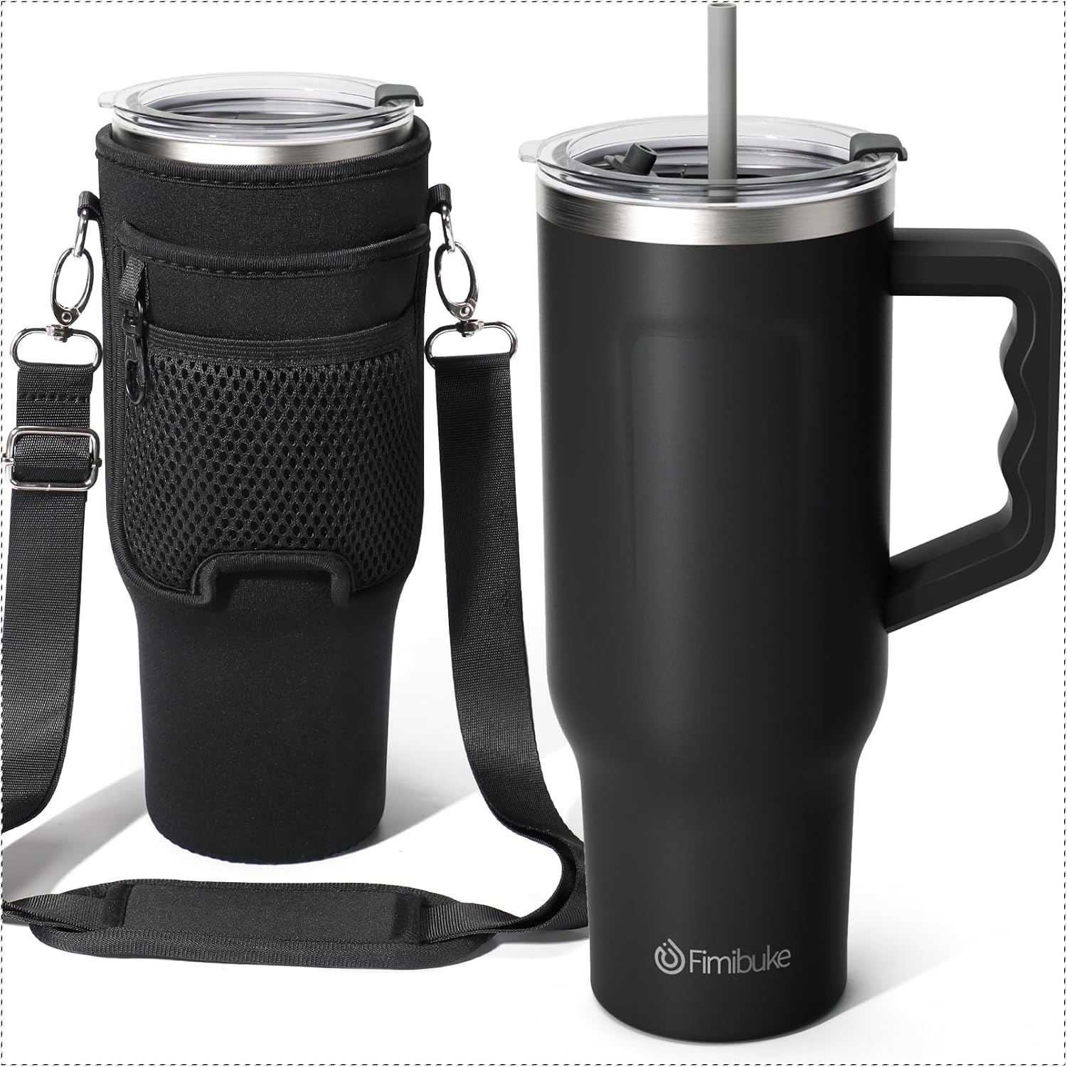 Fimibuke Vaso de 40 onzas con asa y bolsa de transporte, taza aislada de acero inoxidable con tapa, popote y bolsa para bolso, bolsillo para