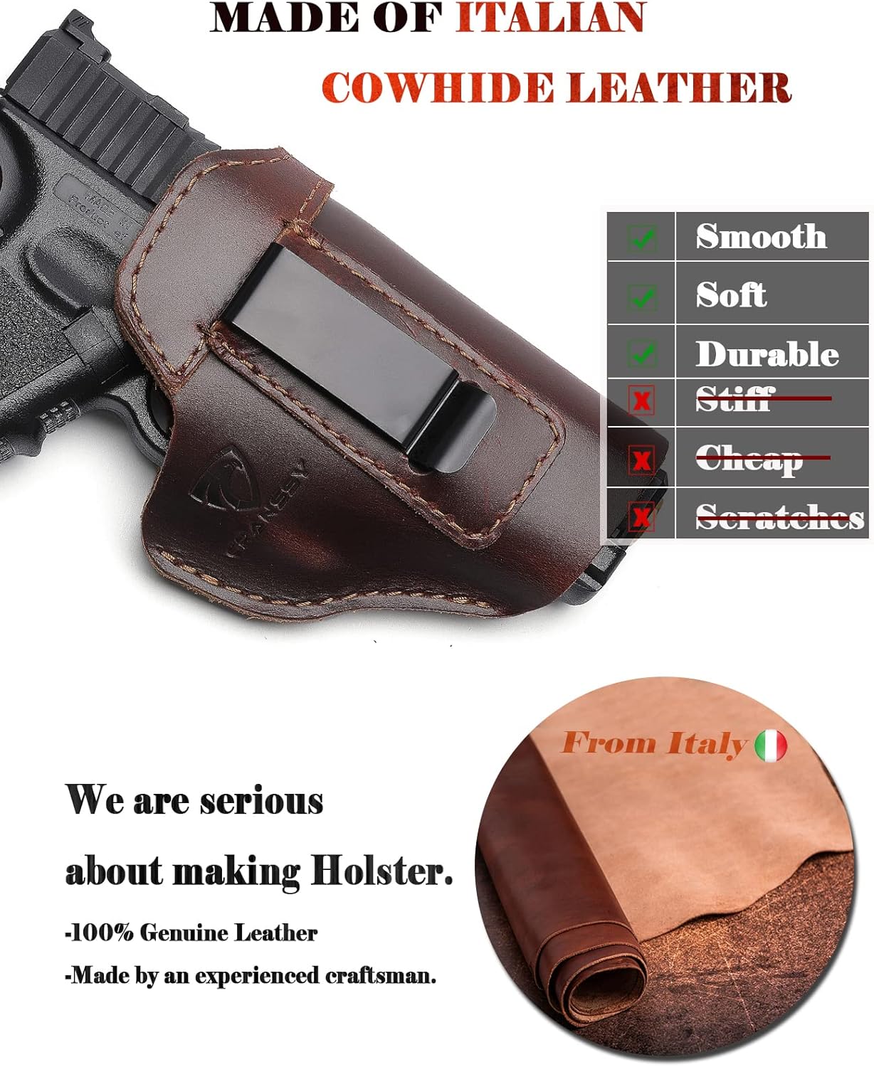 Cranssy Funda de cuero genuino IWB para transporte oculto compatible con Glock 19 23 43X 48, Taurus G3C G2C, M&P Shield 0.354 in, P365X Macro, etc