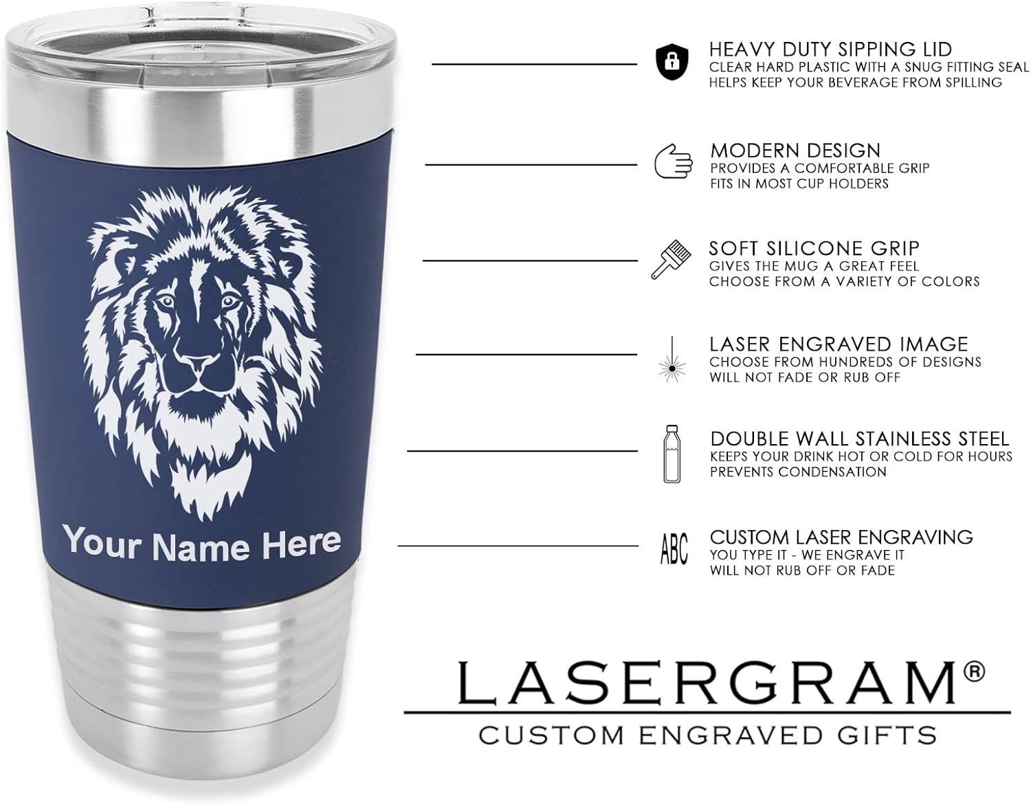 LaserGram Vaso aislado al vacío de 20 onzas, ancla de barco, grabado personalizado incluido (agarre de silicona, azul marino)