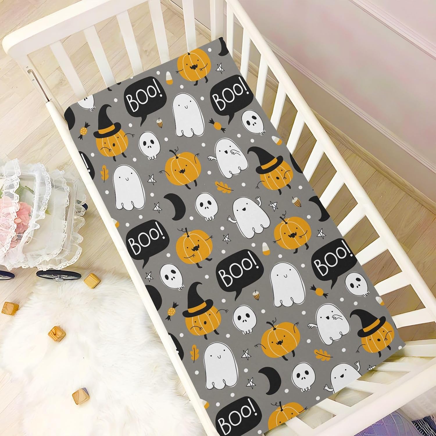 Sábanas de cuna para niños, Halloween, calabaza, fantasma, caramelo, bebé, niña, para cuna, sábanas neutras ajustadas, colchón de cuna, suave y