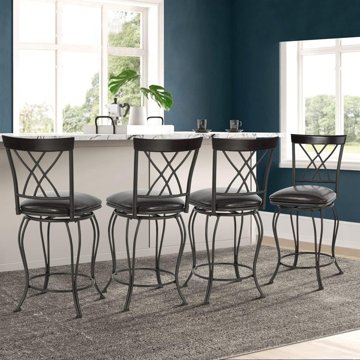 FurnitureR Juego de 2 taburetes de bar clásicos, elegantes taburetes de bar giratorios con respaldo de metal y reposapiés para cocina, isla, pub,