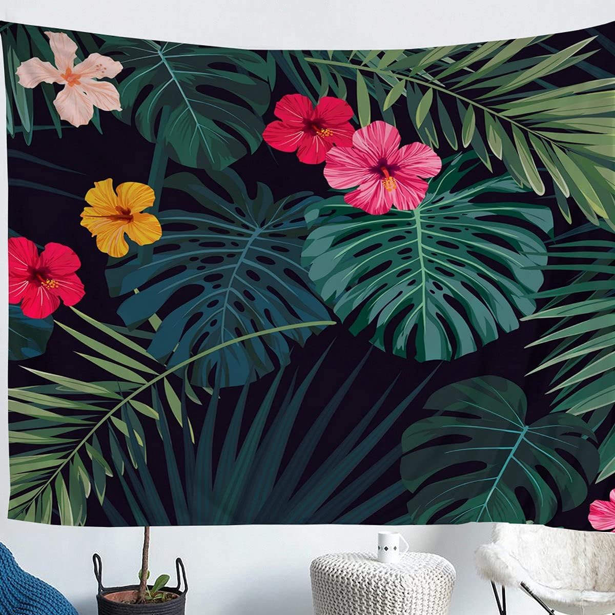 Tapiz de hojas de palmera, isla tropical hawaiana, tapiz de pared para niños y niñas, adultos, diseño botánico de naturaleza botánica, tapiz