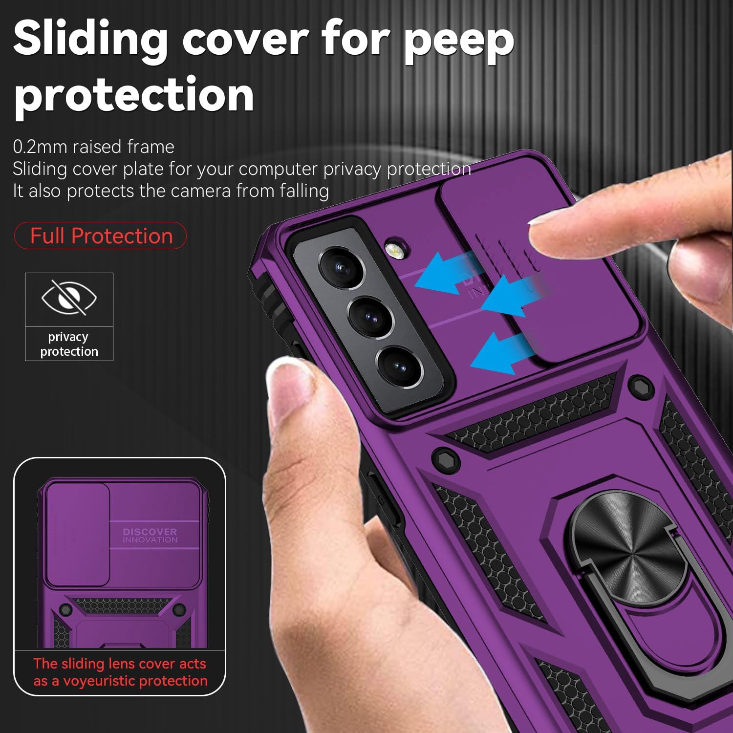 Funda para Samsung Galaxy S21 con funda deslizante para cámara y protector de pantalla de TPU flexible autorreparable 2 unidades, soporte de anillo