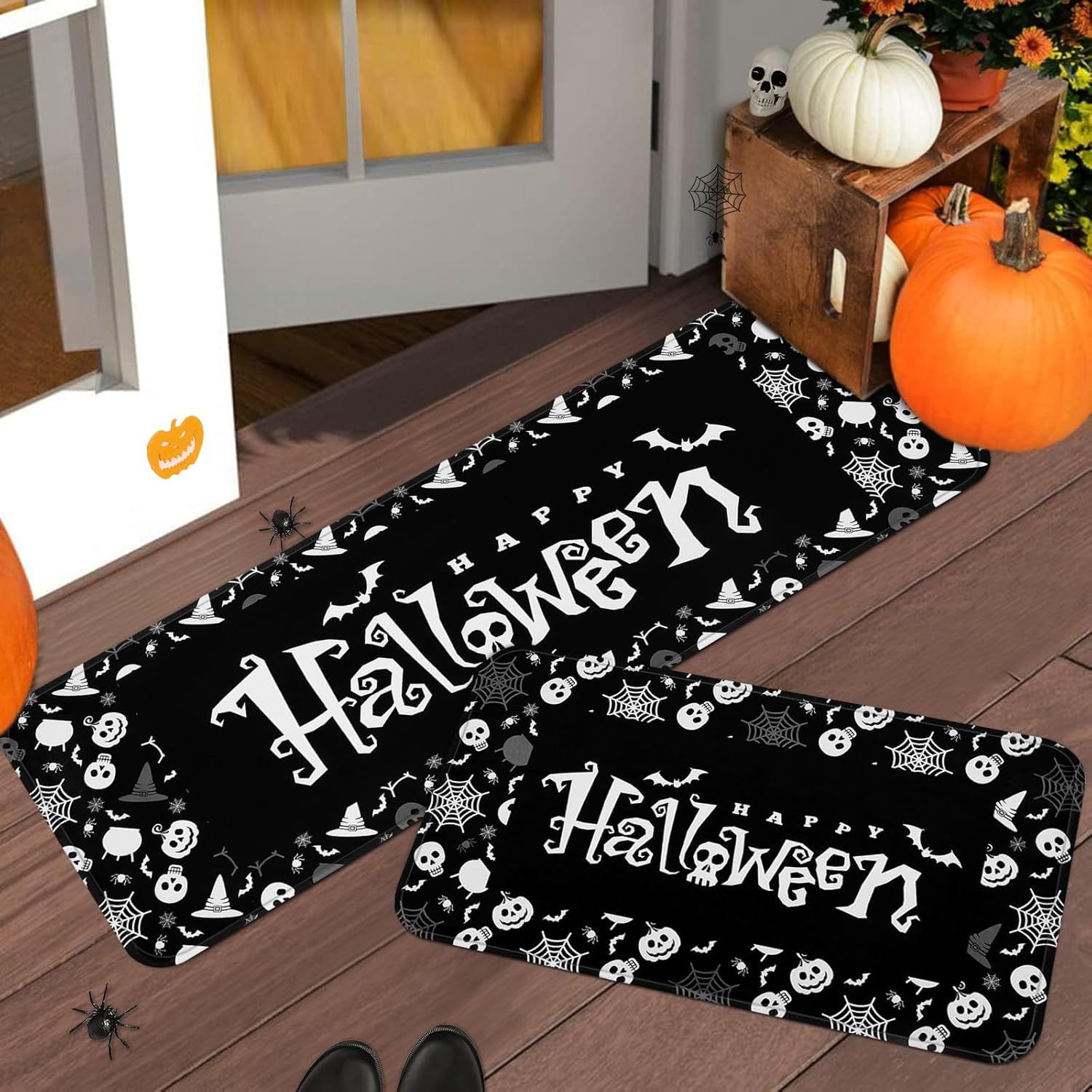 Yinhua Tapetes de cocina de Halloween para el piso, tapetes de cocina negros lavables, tapetes de cocina de gatos negros, juego de 2 alfombras y