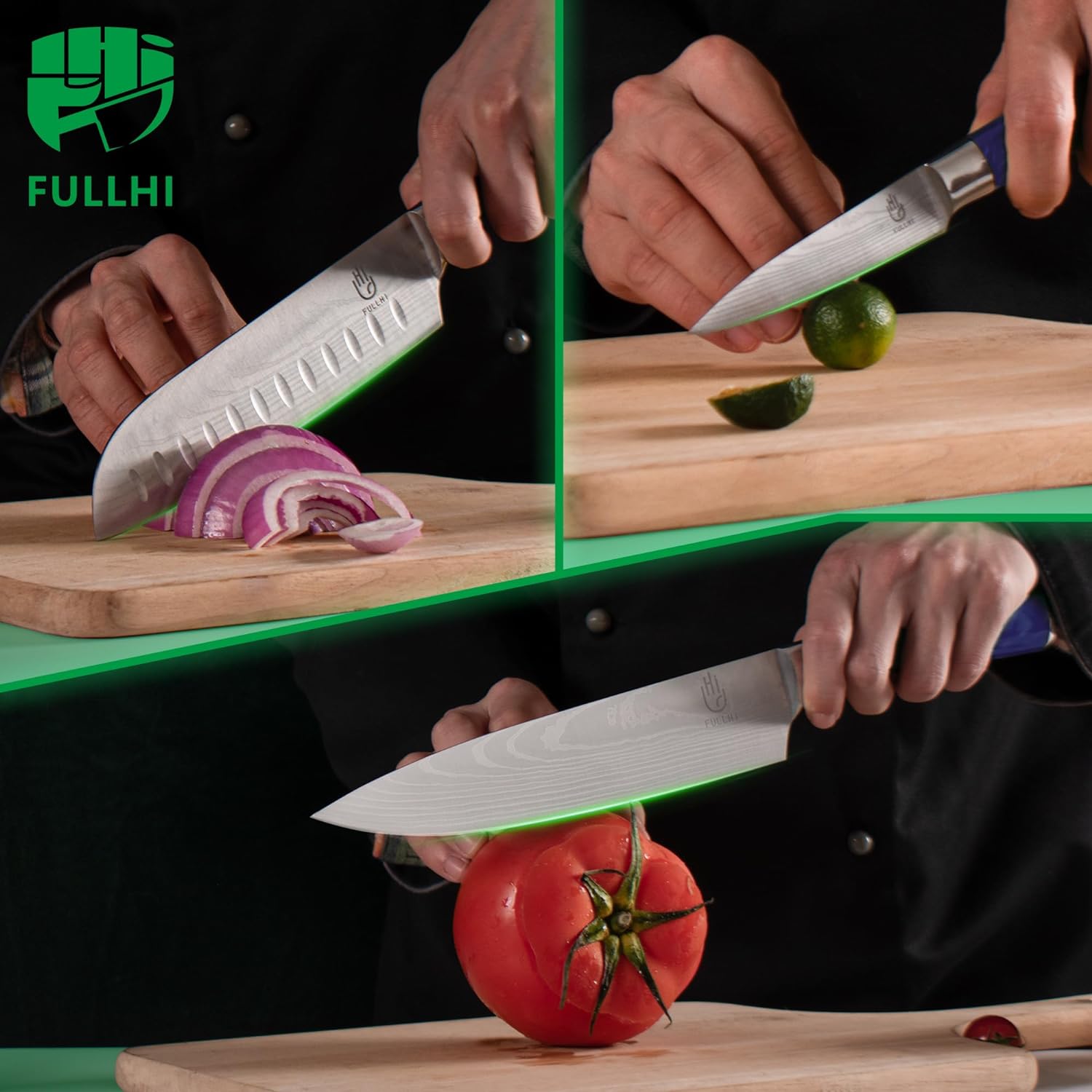 FULLHI Juego de cuchillos con soporte magnético para cuchillos, juego de cuchillos japoneses de 15 piezas, juego de cuchillos de cocina de acero