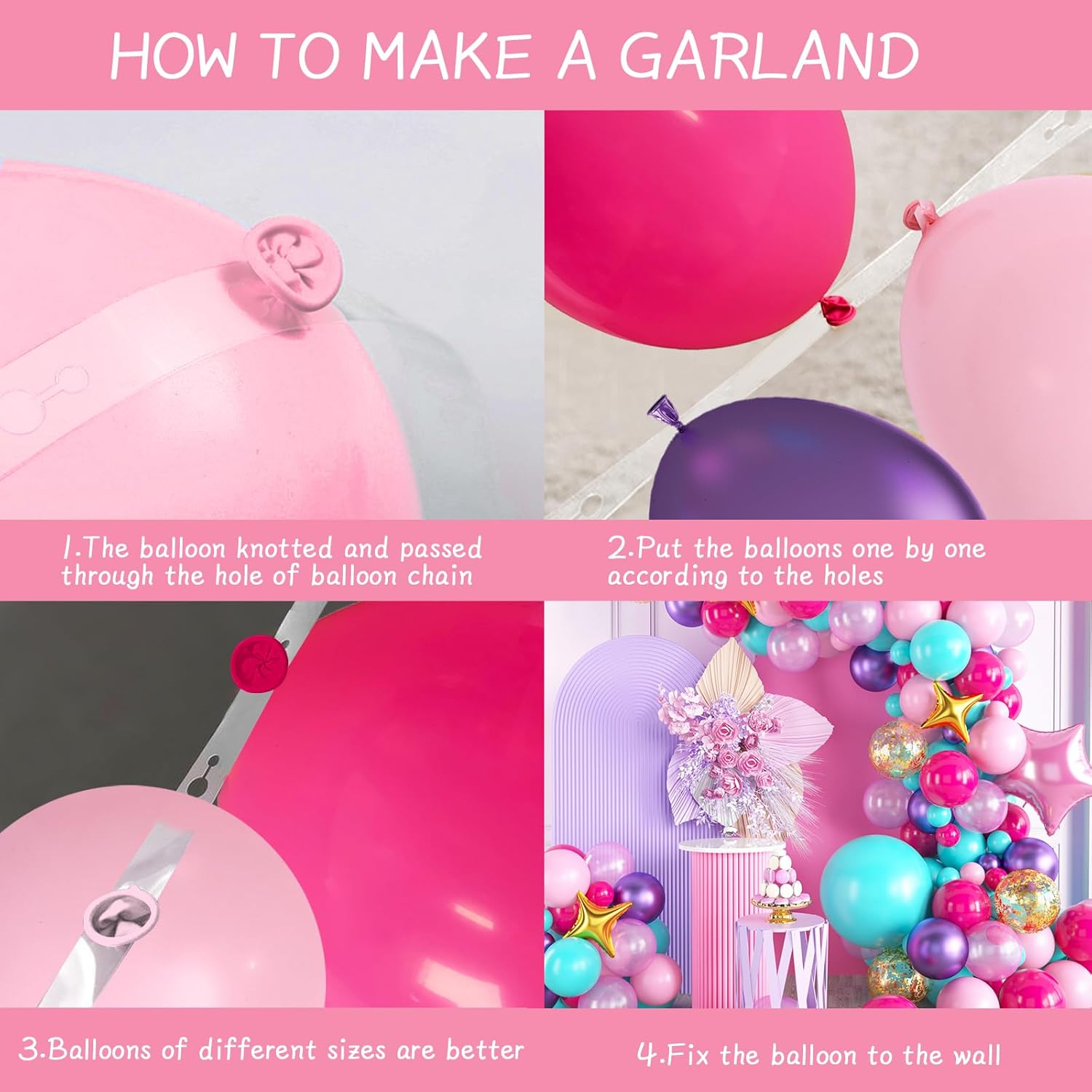 Kit de arco de globos rosa morado, kit de arco de globos azul, rosa y morado, arco de globos rosa intenso, guirnalda de globos rosa intenso con