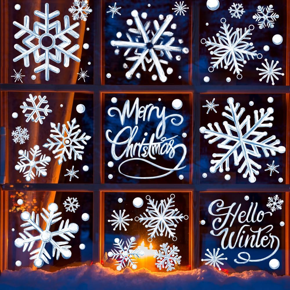 YUJUN 8 hojas de calcomanías de ventana de copos de nieve de invierno, pintura al óleo azul de Navidad, copos de nieve, calcomanías para ventana de