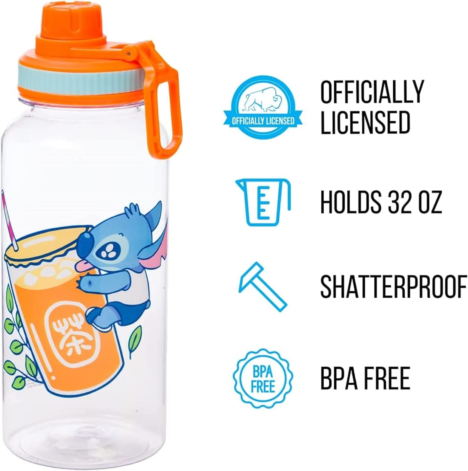 Silver Buffalo Lilo and Stitch – Botella de agua de plástico con boquilla giratoria de té de burbujas con calcomanías holográficas You Stick