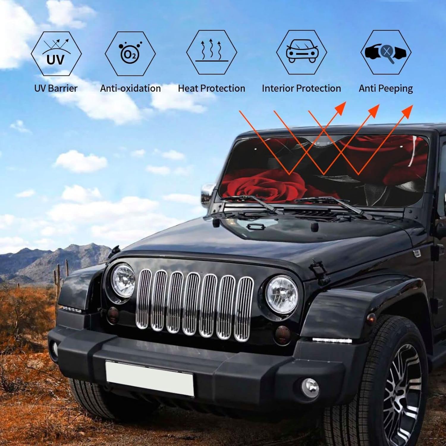 Parasol para parabrisas de automóvil, rosa roja y flores de hojas negras, protector de visera solar bloquea los rayos UV, accesorios universales