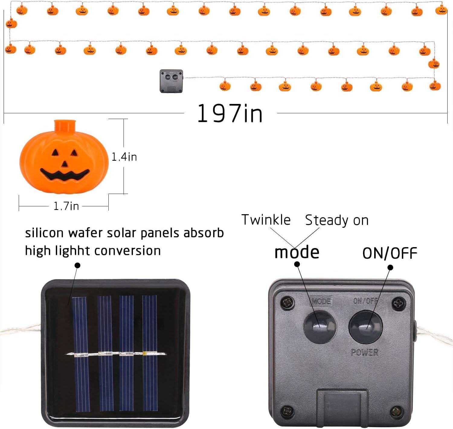 Guirnalda de luces de calabaza de Halloween, 17 pies, alimentadas por energía solar, 40 luces LED, luces Jack O Lantern, impermeables, decoraciones