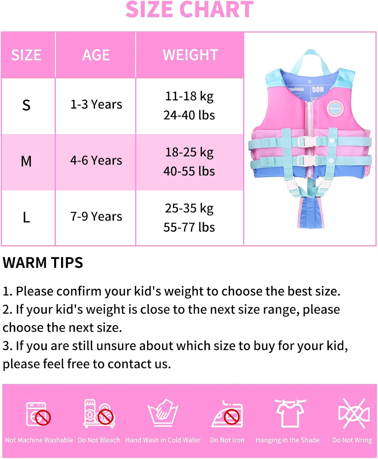 Gogokids Chaleco de natación para niños pequeños, flotadores para niños y niñas de 20-30-40-50-60-70 libras, chaqueta flotante con correa de