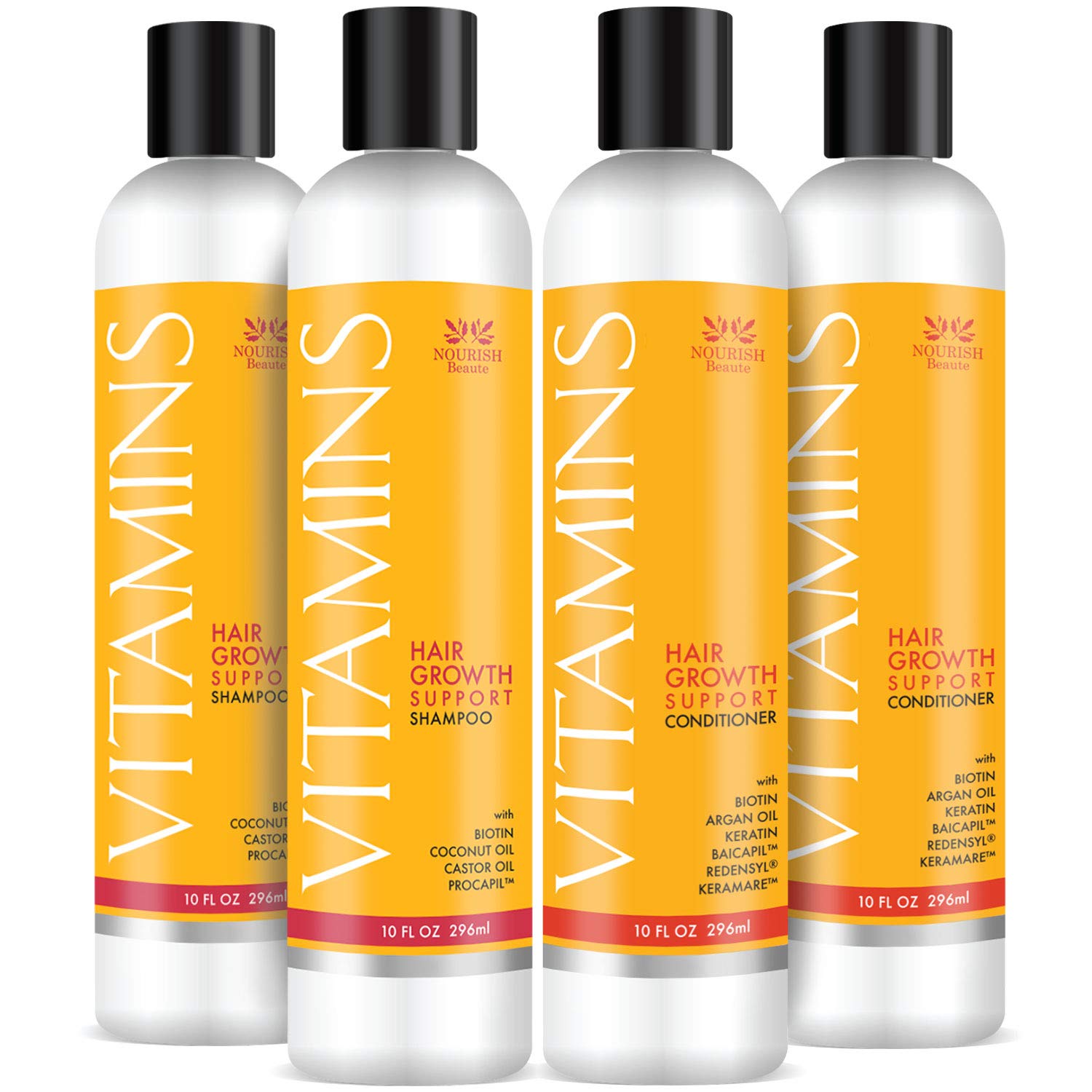Nourish Beaute champú y acondicionador con vitaminas, para caída de cabello, con factores naturales de crecimiento, aceite de argán y biotina