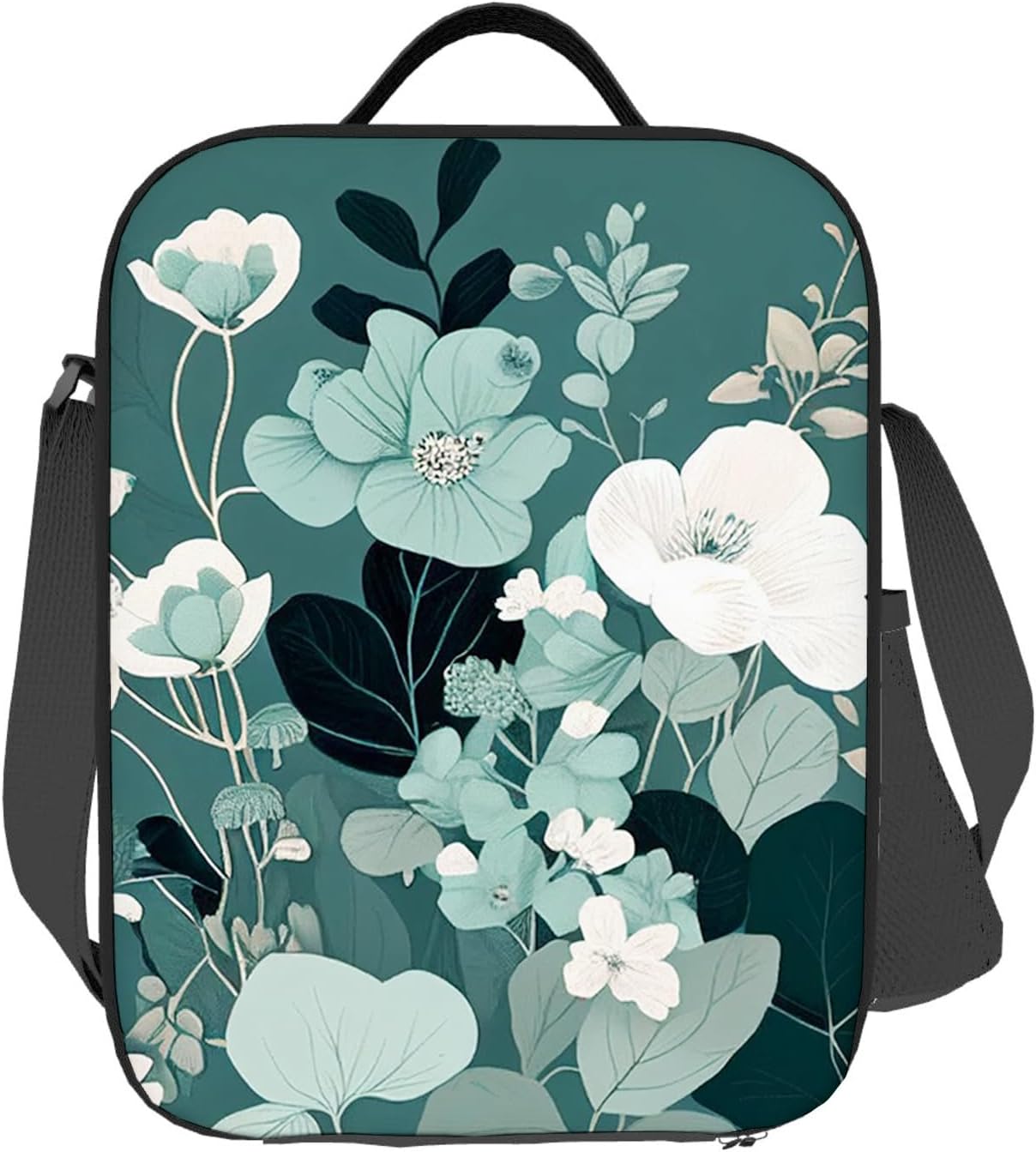 Lonchera con diseño de flores en color verde azulado claro, aislada, reutilizable, bolsa de almuerzo para mujeres y hombres, trabajo, picnic,