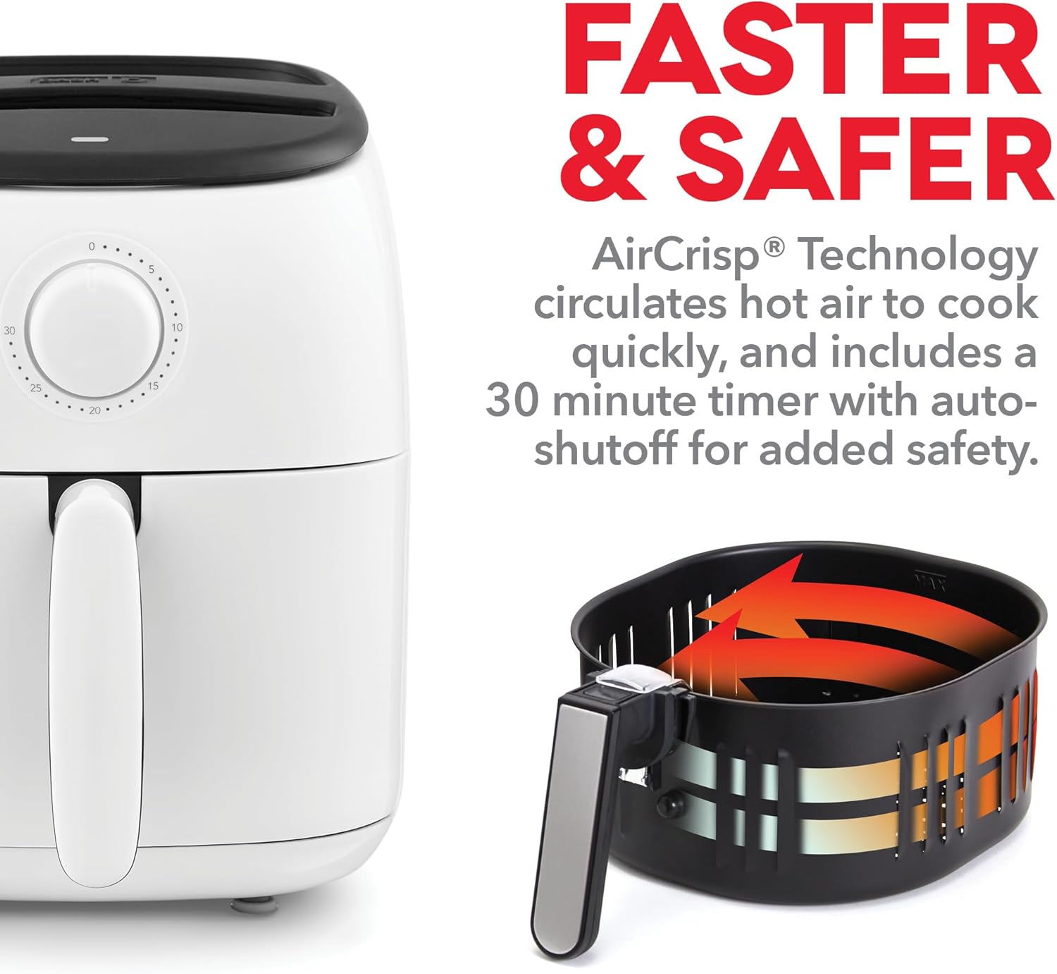 DASH Tasti-Crisp Express – Horno freidora de aire, 2.6 cuartos de galón, color blanco, freidora de aire compacta para alimentos más saludables en