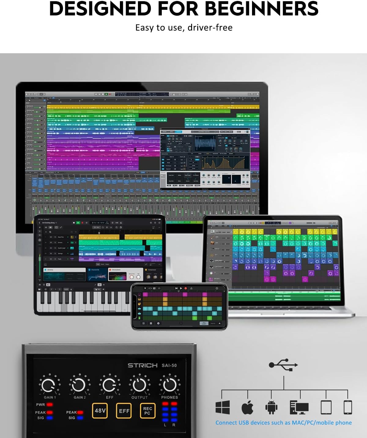 STRICH Interfaz de audio de grabación profesional 2×2 para computadora, modelo táctil, USB 2.0 para transmisión en vivo, podcasting, interfaz de