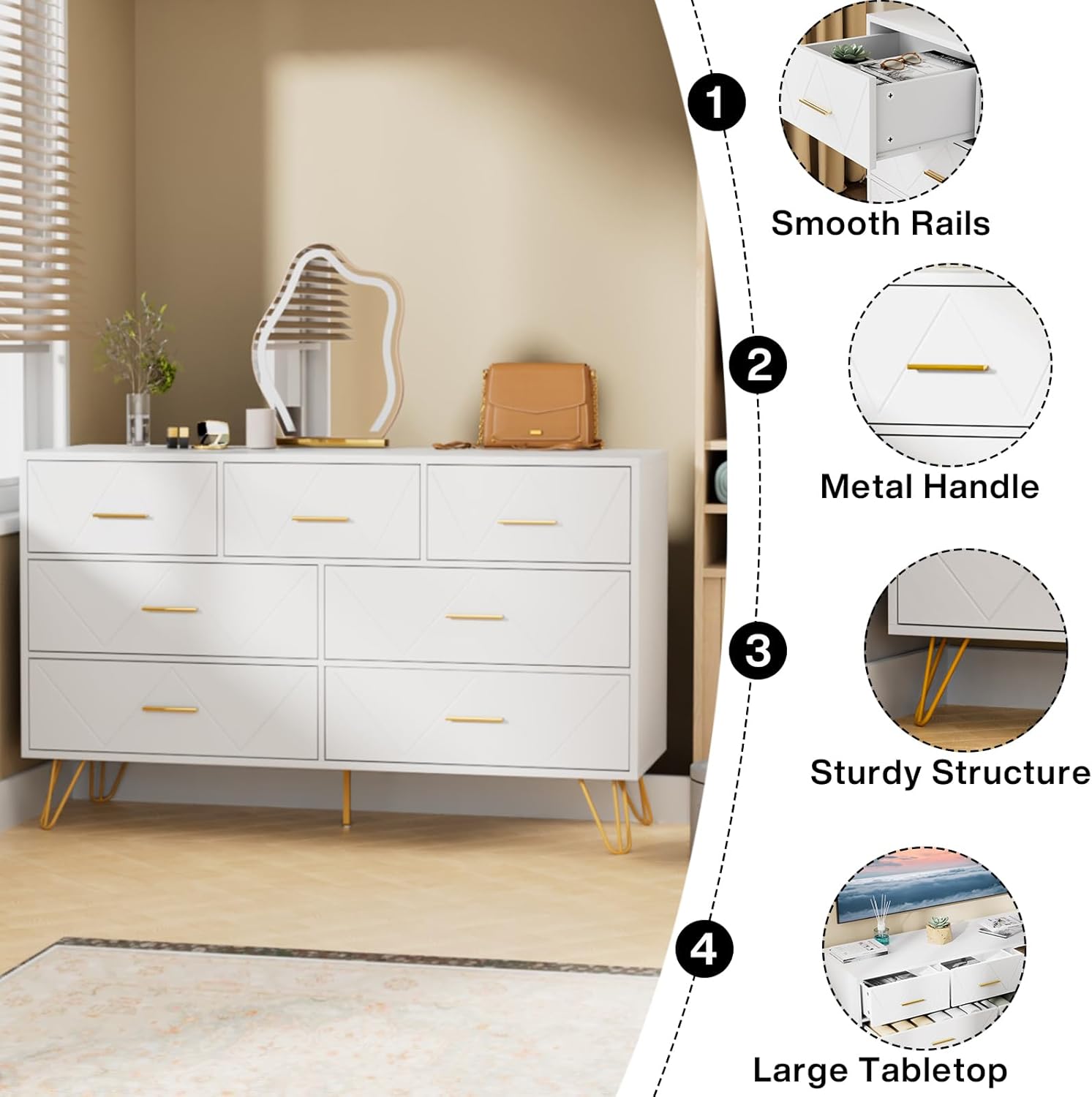 JOZZBY Cómoda para dormitorio, cómoda de 7 cajones, cómoda blanca con asas doradas, cómodas modernas y cómodas, cómoda para niños, para dormitorio,
