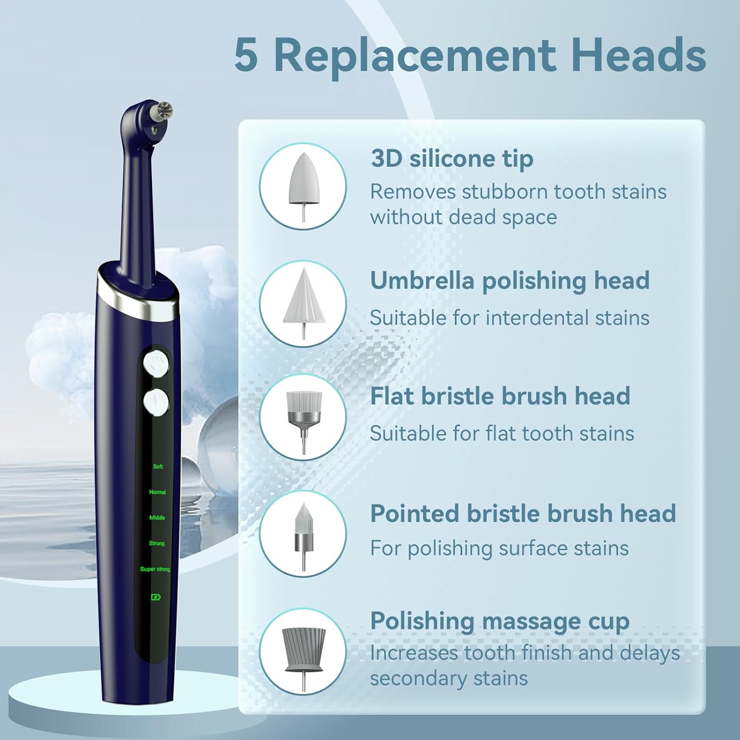 Pulidor de dientes eléctrico profesional con USB recargable, pulidor de dientes 5 cabezales de repuesto, IPX6 impermeable para adultos y niños
