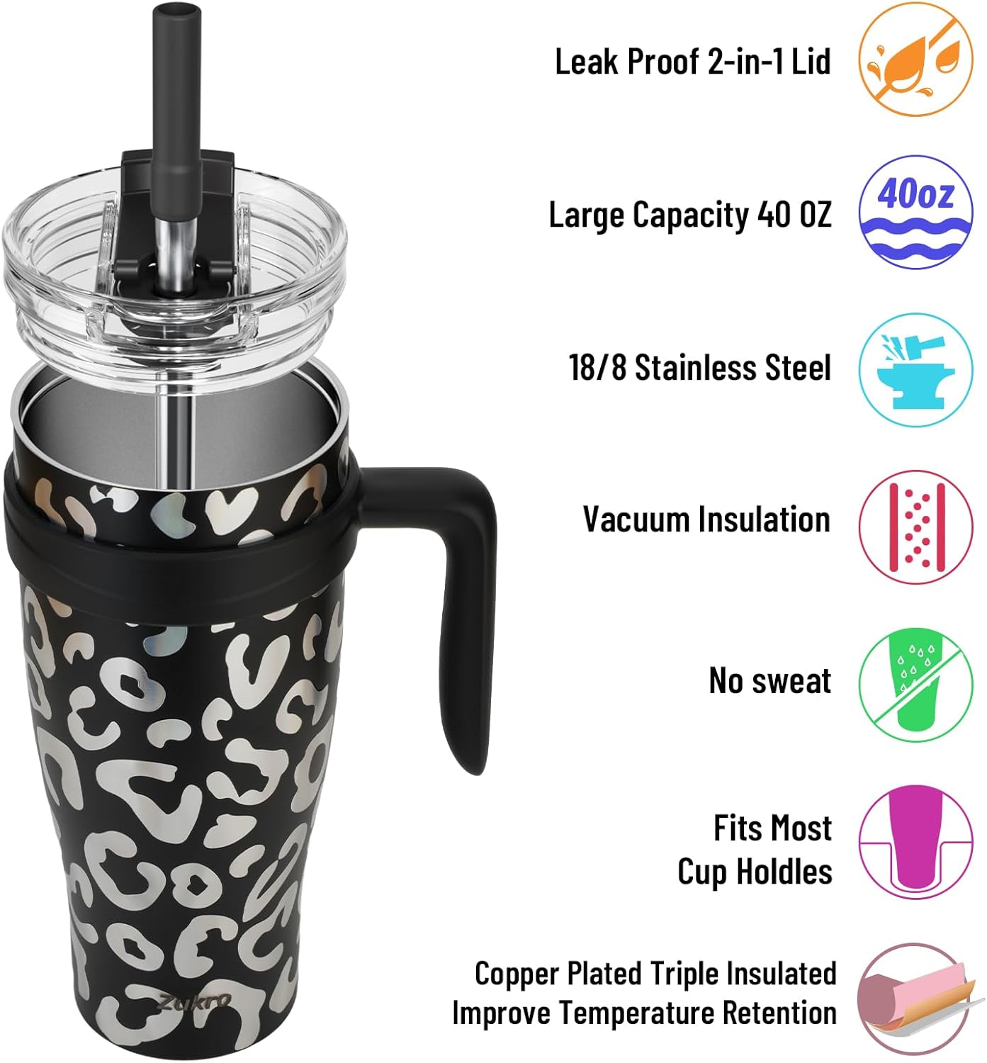 Zukro Vaso de 40 onzas con asa y popote, vaso aislado de acero inoxidable de doble pared con tapa abatible 2 en 1, 100% a prueba de fugas, mantiene