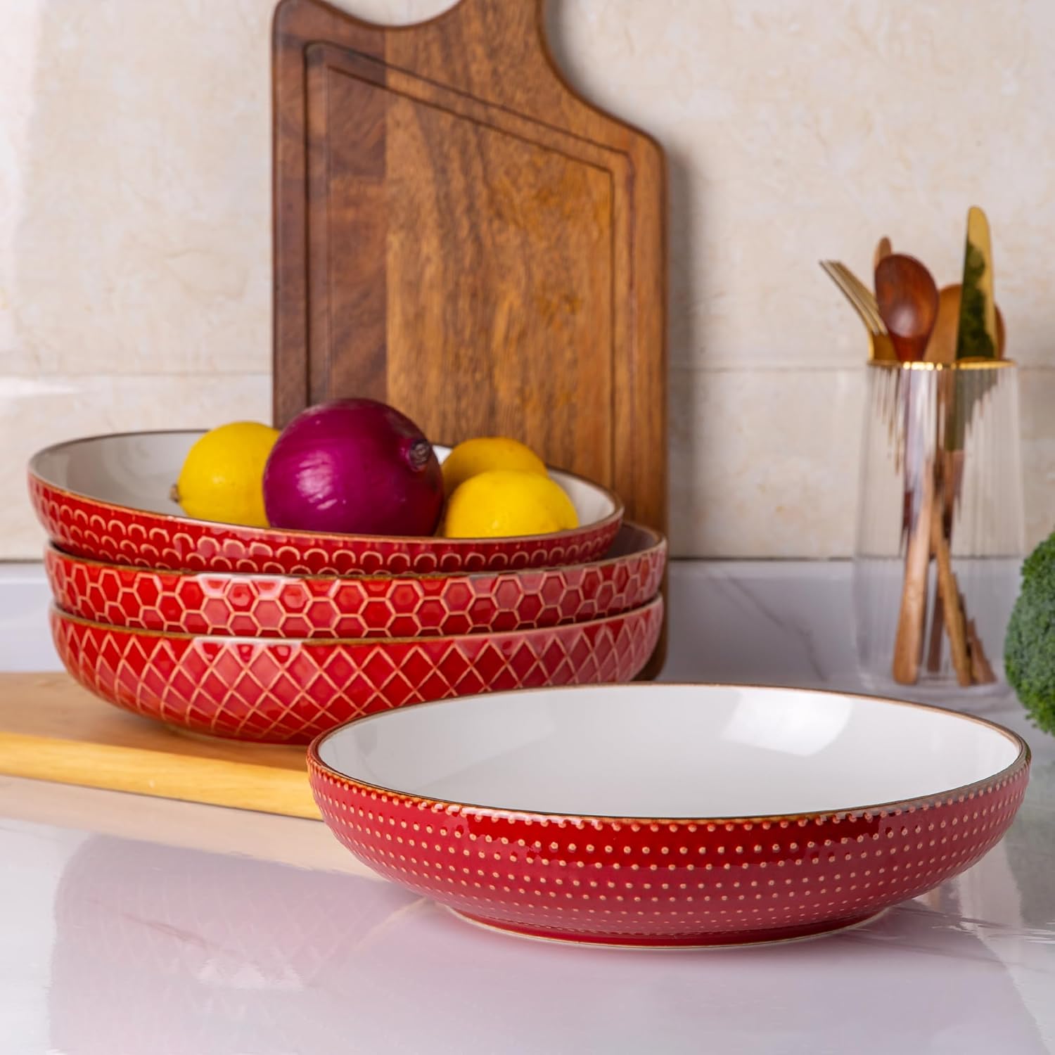 Tazones grandes para pasta de 9.5 pulgadas, cuencos de cerámica de 42 onzas para cocina, cuencos de cerámica con patrón texturizado para pasta,