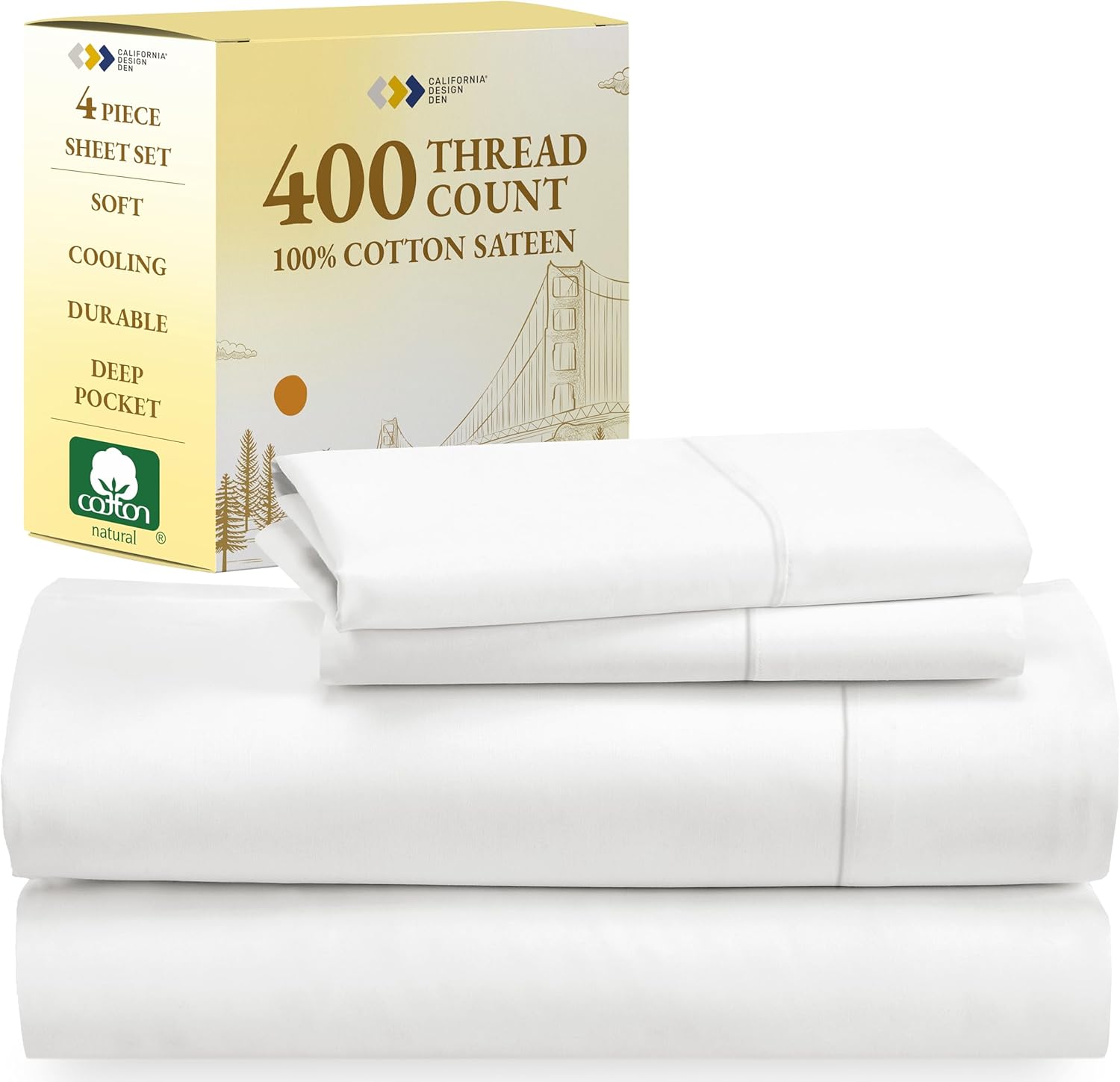 California Design Den Softest Sábanas 100% algodón, juego de sábanas de tamaño matrimonial, juego de 4 piezas, ropa de cama de satén de 400 hilos,