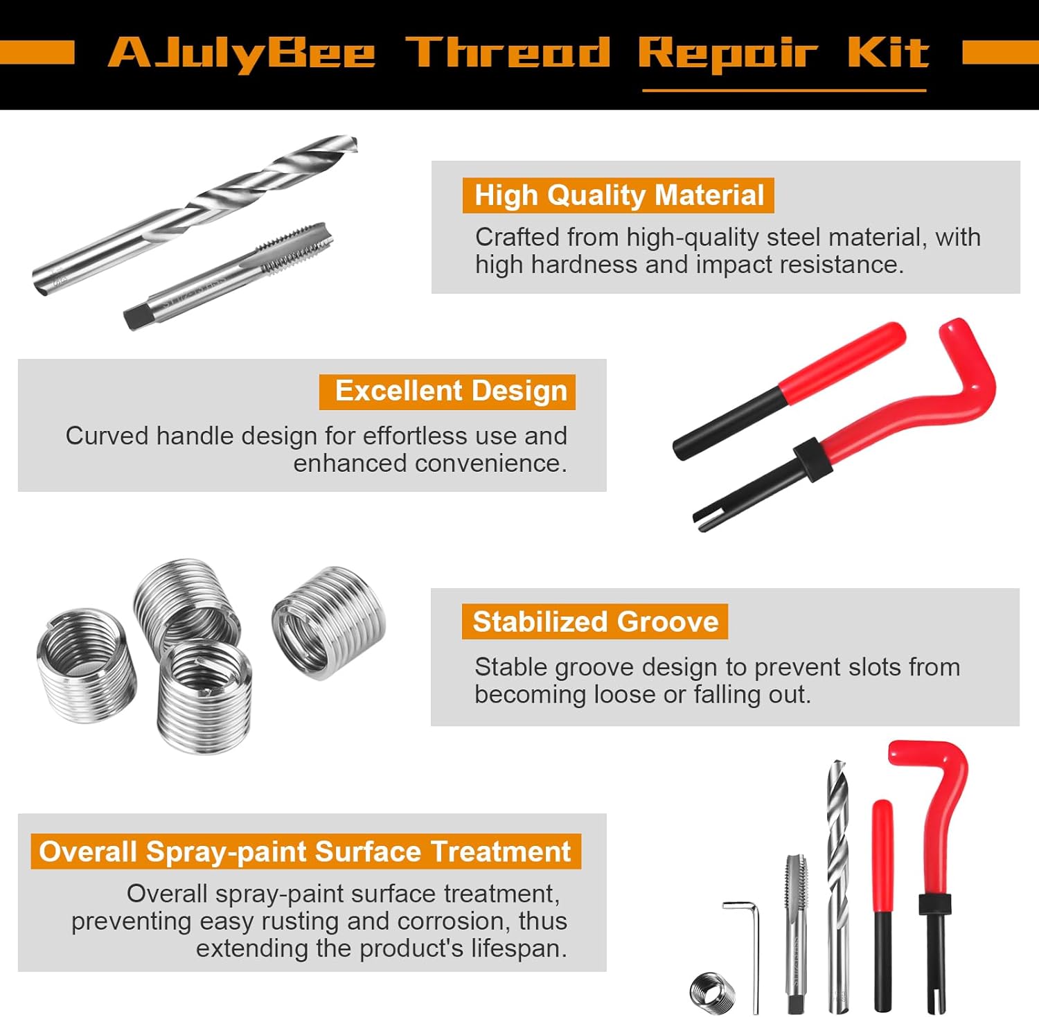 AJulyBee Kit de reparación de roscas helicoidales, 261 piezas Kit de reparación de roscas HSS, kit de reenhebrado con medidor de rosca, métrico y