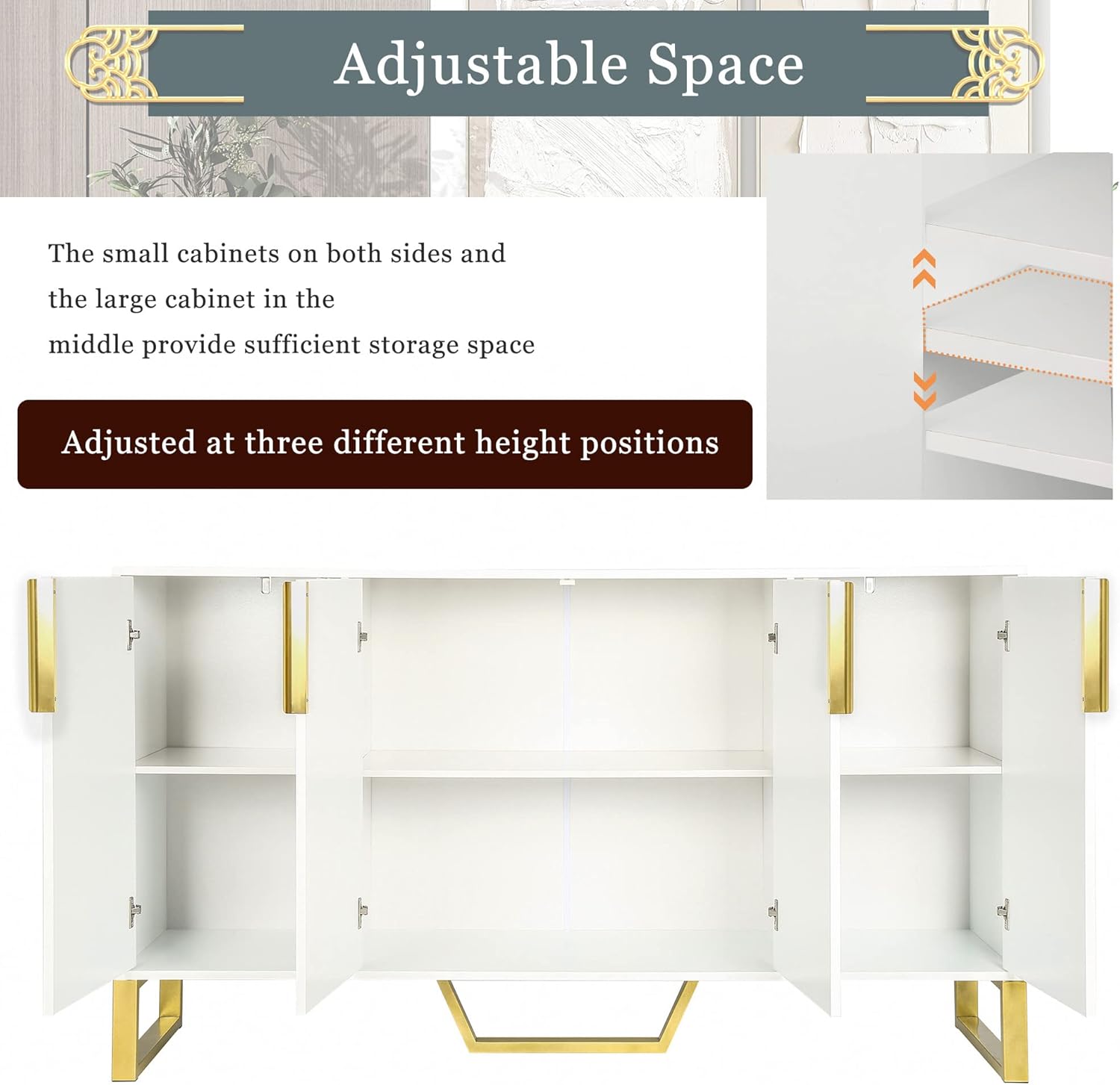 P PURLOVE Aparador moderno con cuatro puertas, armario de madera con estante ajustable, mesa de cocina con almacenamiento con patas de metal para