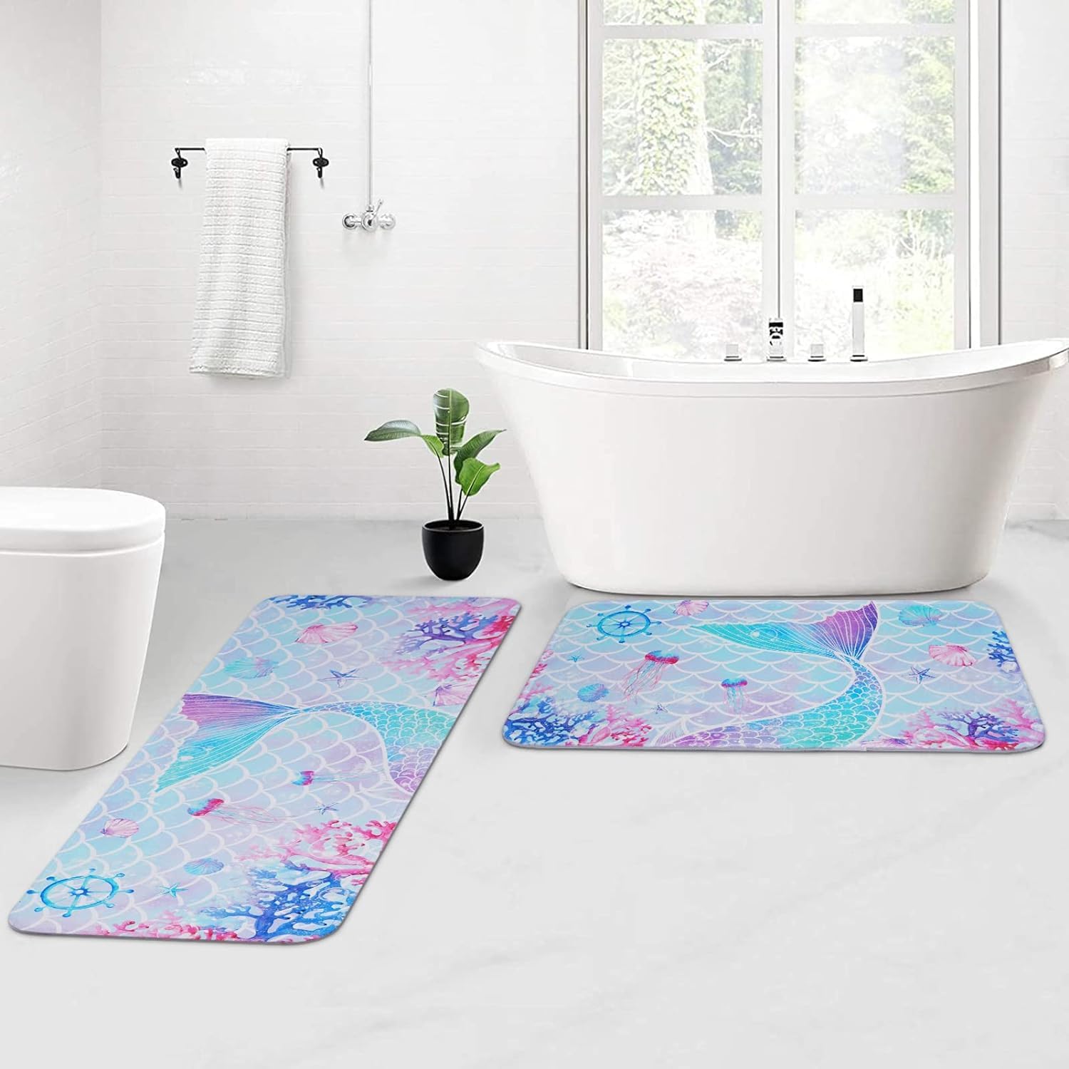 FRAMICS Juego de 2 tapetes de baño de sirena, tapetes de baño rosa y azul para niñas, alfombras de baño suaves y absorbentes, antideslizantes, para