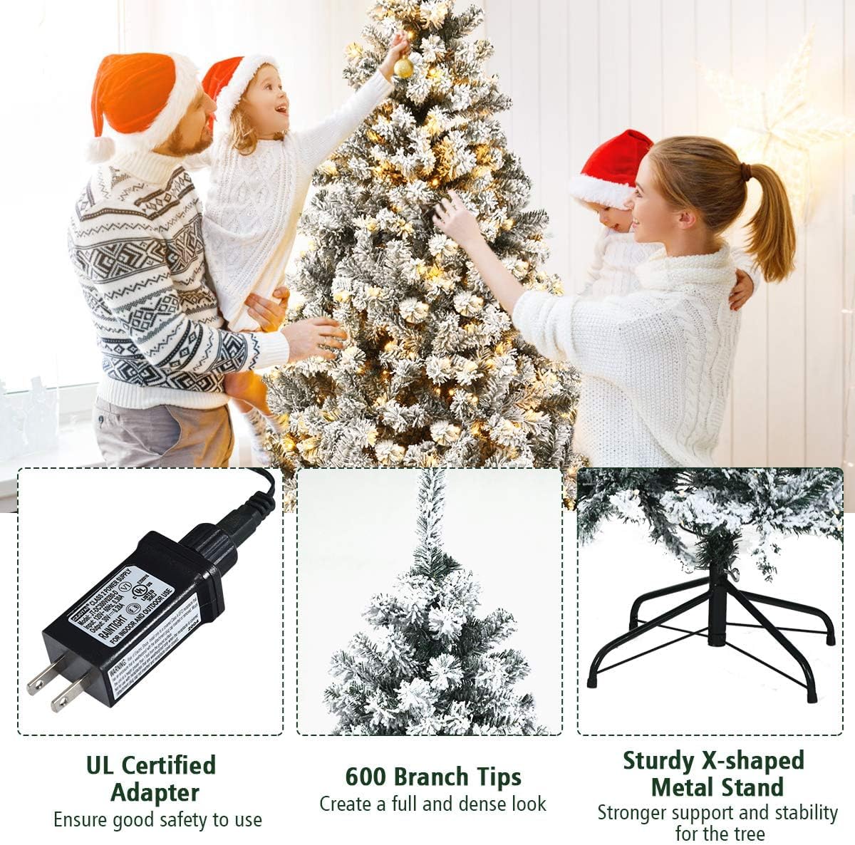 HAPPYGRILL Árbol de Navidad preiluminado de 6 pies, agujas de PVC de alta calidad, 600 puntas de rama, pino flocado con bisagras de nieve con