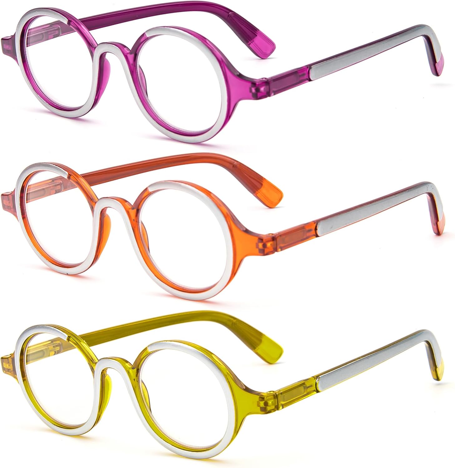 KoKoBin Paquete de 3 lentes de lectura redondos pequeños, cómodos lectores, marco elegante de colores para mujeres y hombres
