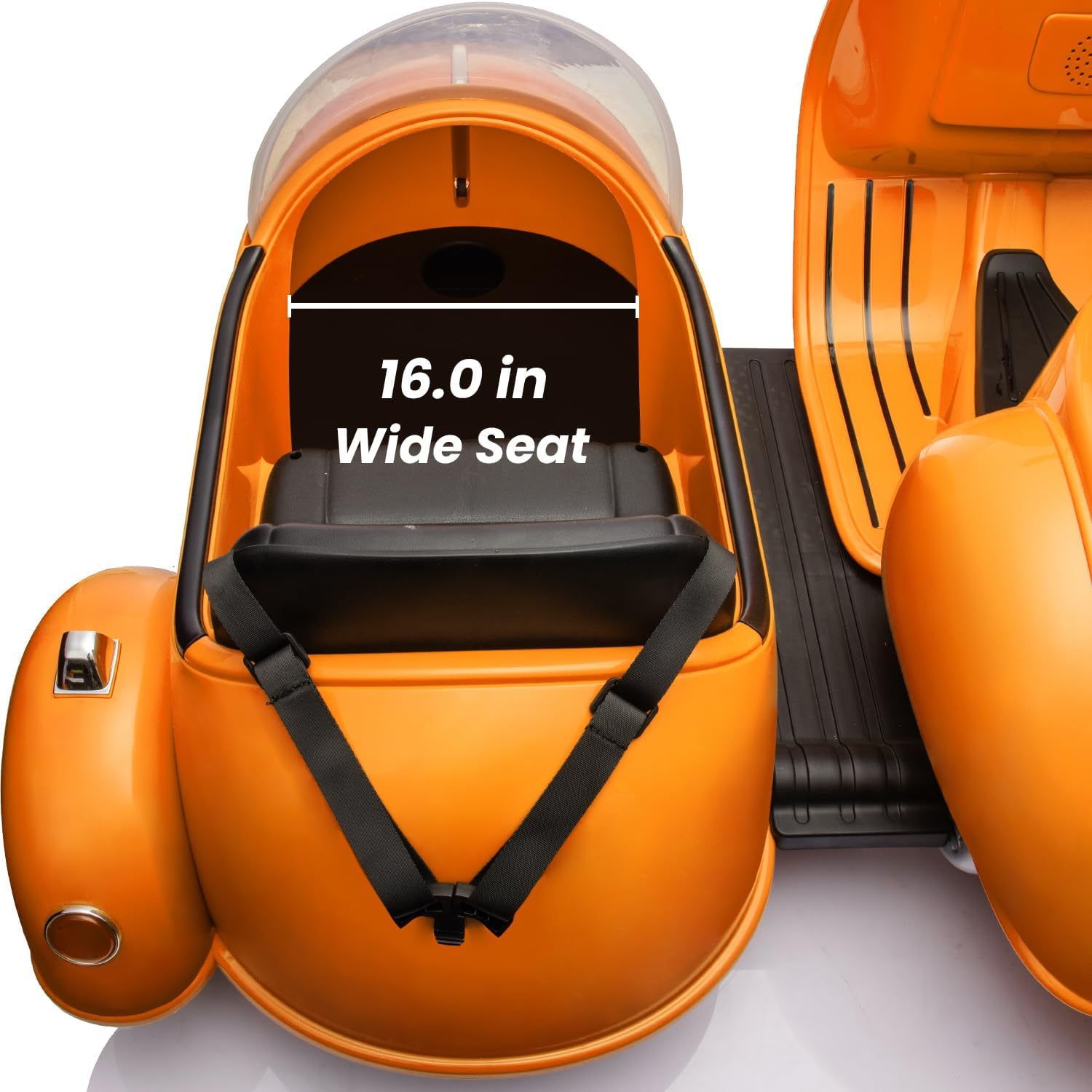 Motocicleta eléctrica Vespa con sidecar con licencia – Auto eléctrico de 12 V para niños y niñas – 2 plazas con compartimento de almacenamiento,