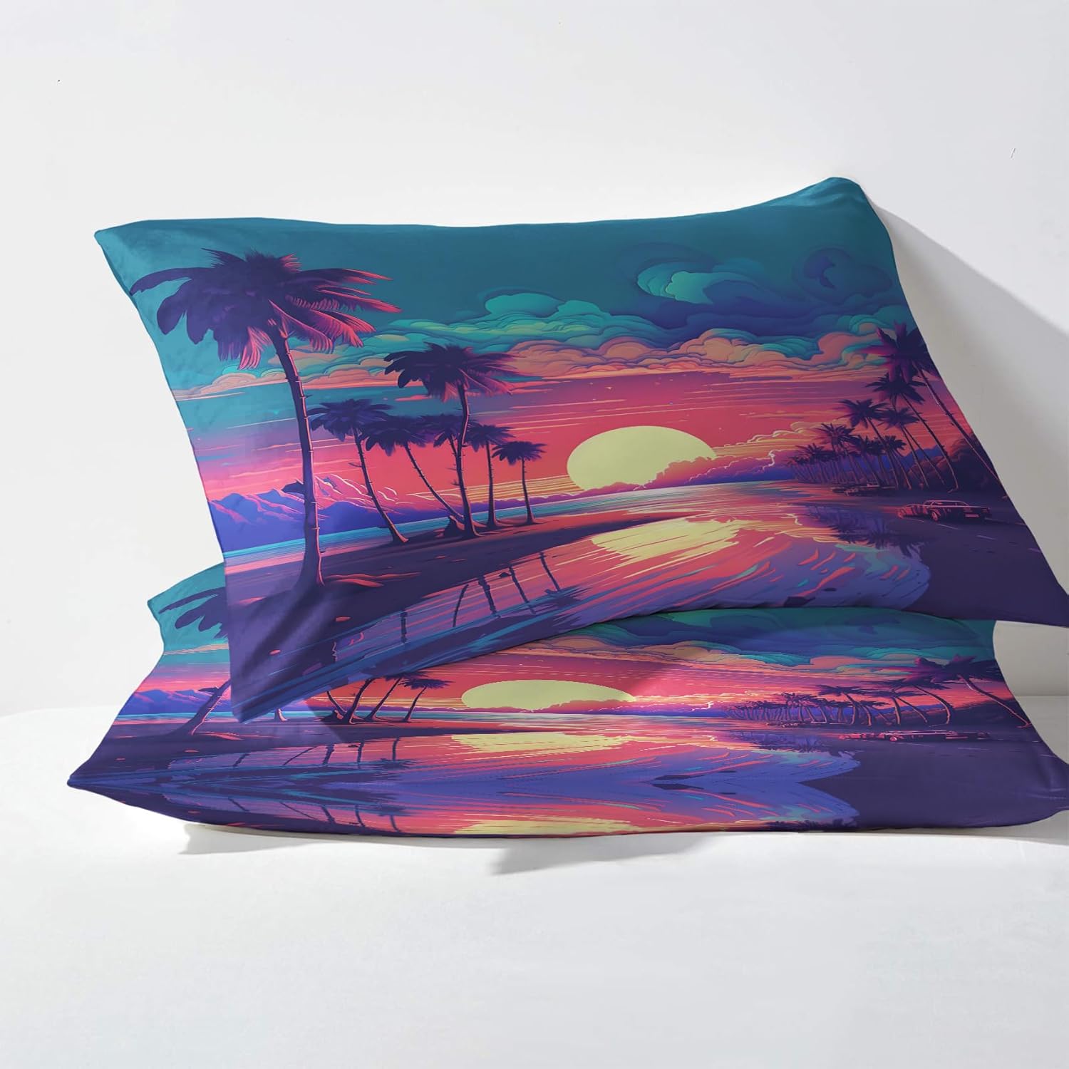 Z6-&-344 – Juego de sábanas y fundas de almohada estampadas de 4 piezas con diseño de paisaje tropical, sábana bajera ajustable de microfibra suave