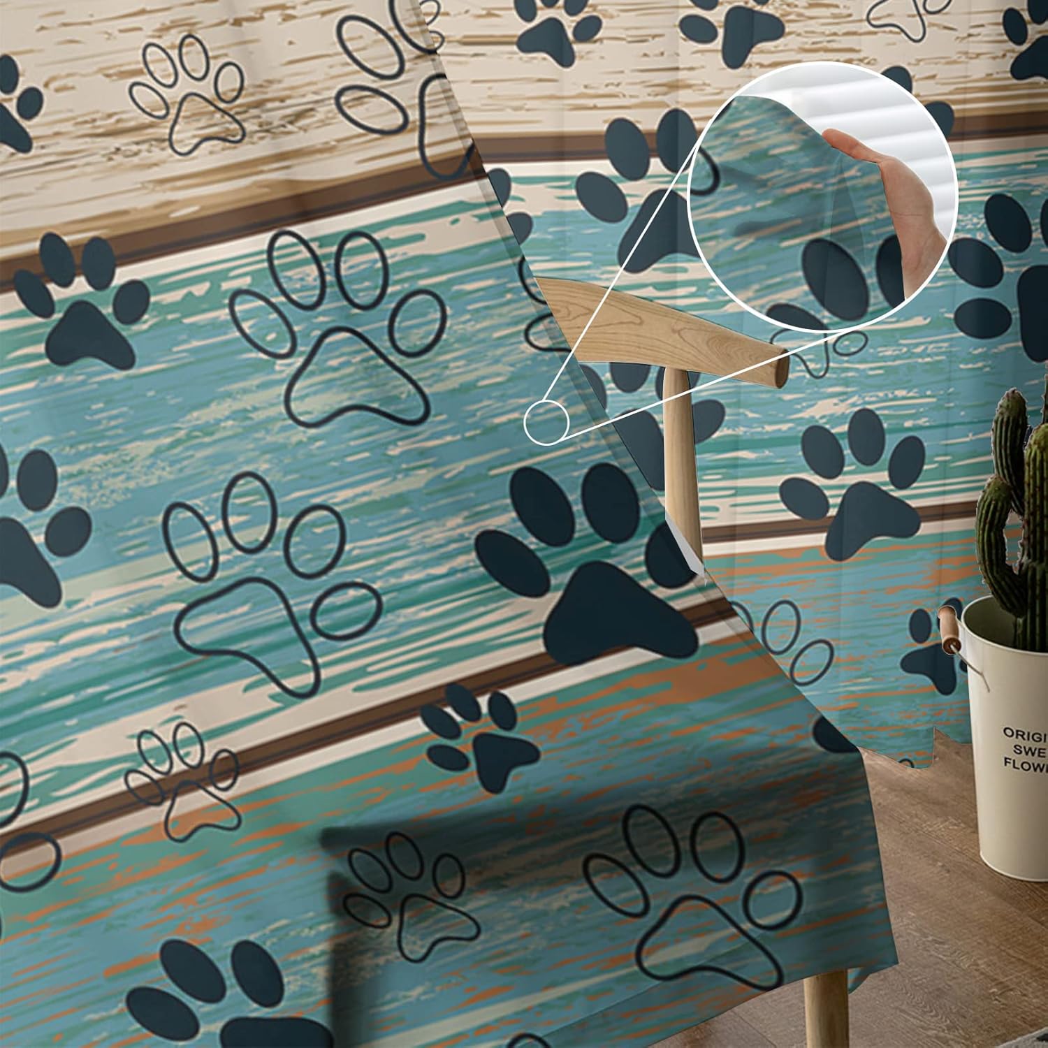 Juego de 2 paneles de cortinas traslúcidas con estampado de patas de perro de 63 pulgadas de largo, cortinas semitransparentes color turquesa