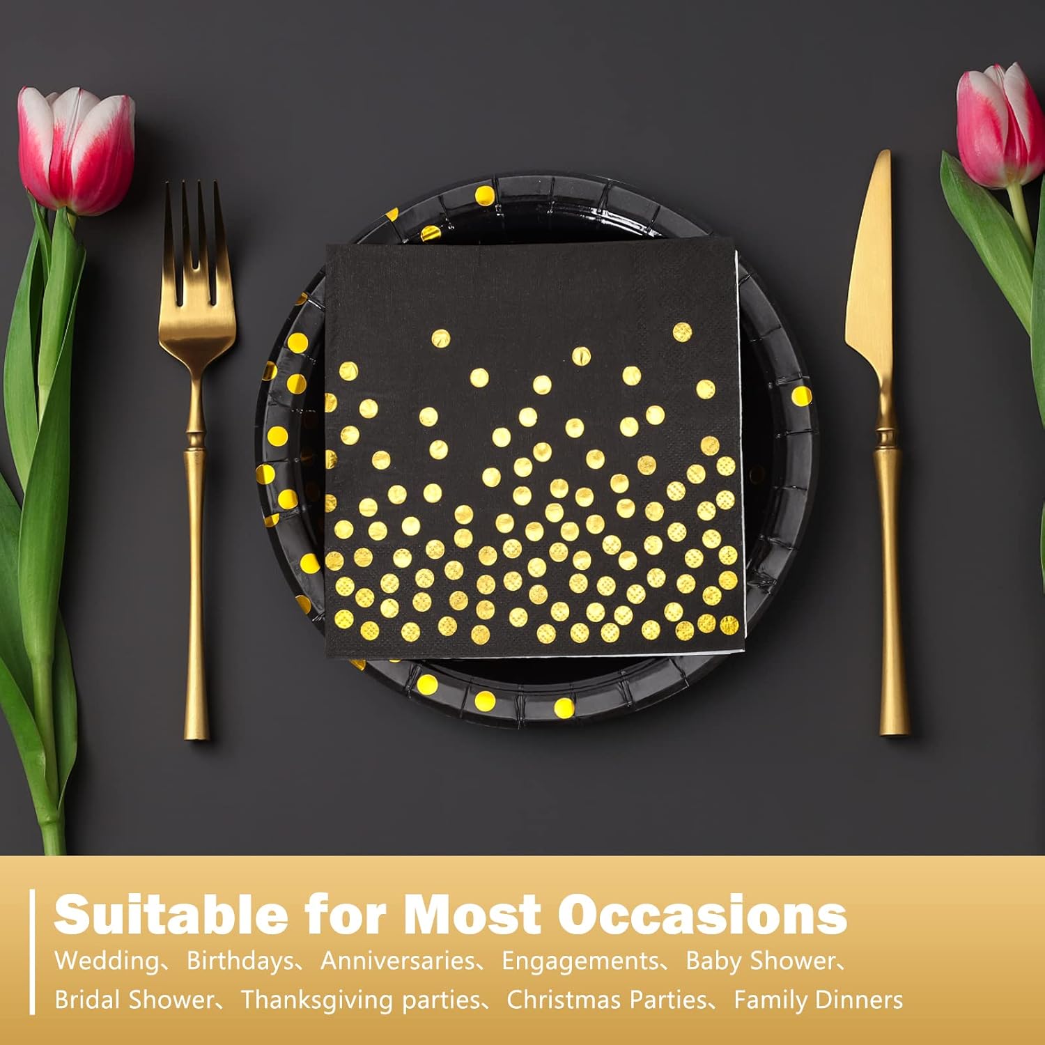 Disposable Paper Plates 100 Pack – Black and Gold Plates & Napkins, 50 x 9 & 50 x 6.5, Party Supplies for Graduation, Retirement, All Occasions
