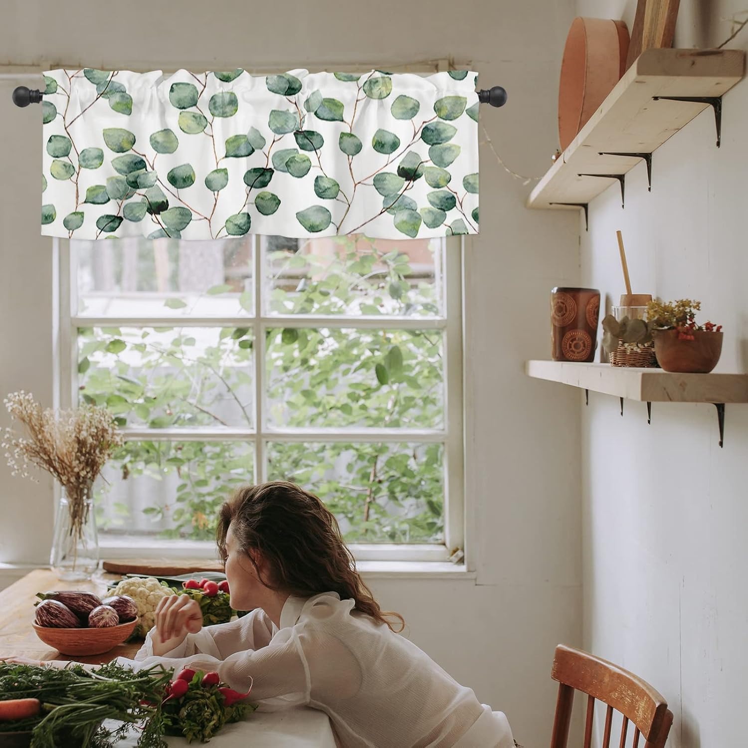 Vandarllin Cortinas de cocina de hojas de eucalipto en acuarela para ventanas, cortinas de verano con bolsillo para cortinero verde y blanco,