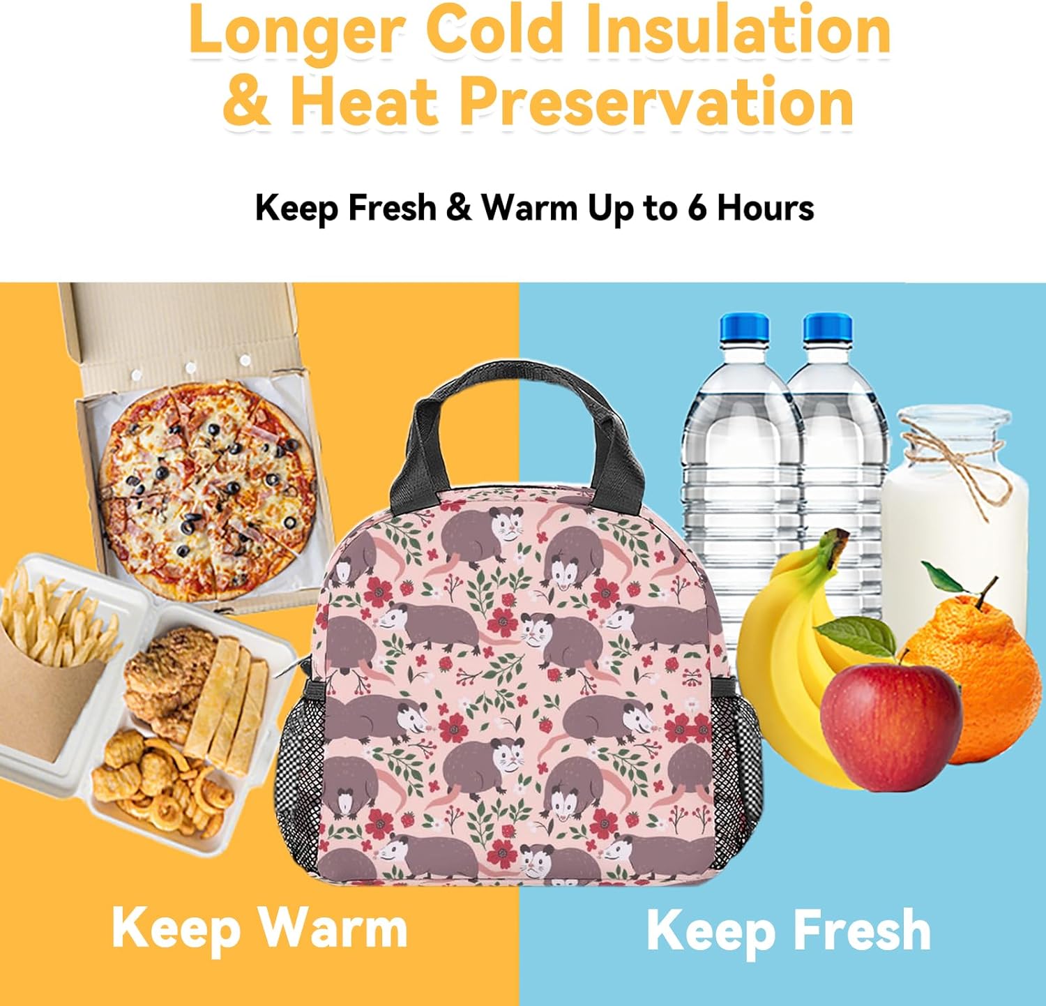COOPASIA Possum – Lonchera para niños, lonchera aislada para niñas y niños, color rosa, reutilizable, pequeña con bolsillos, bolsa de almuerzo para