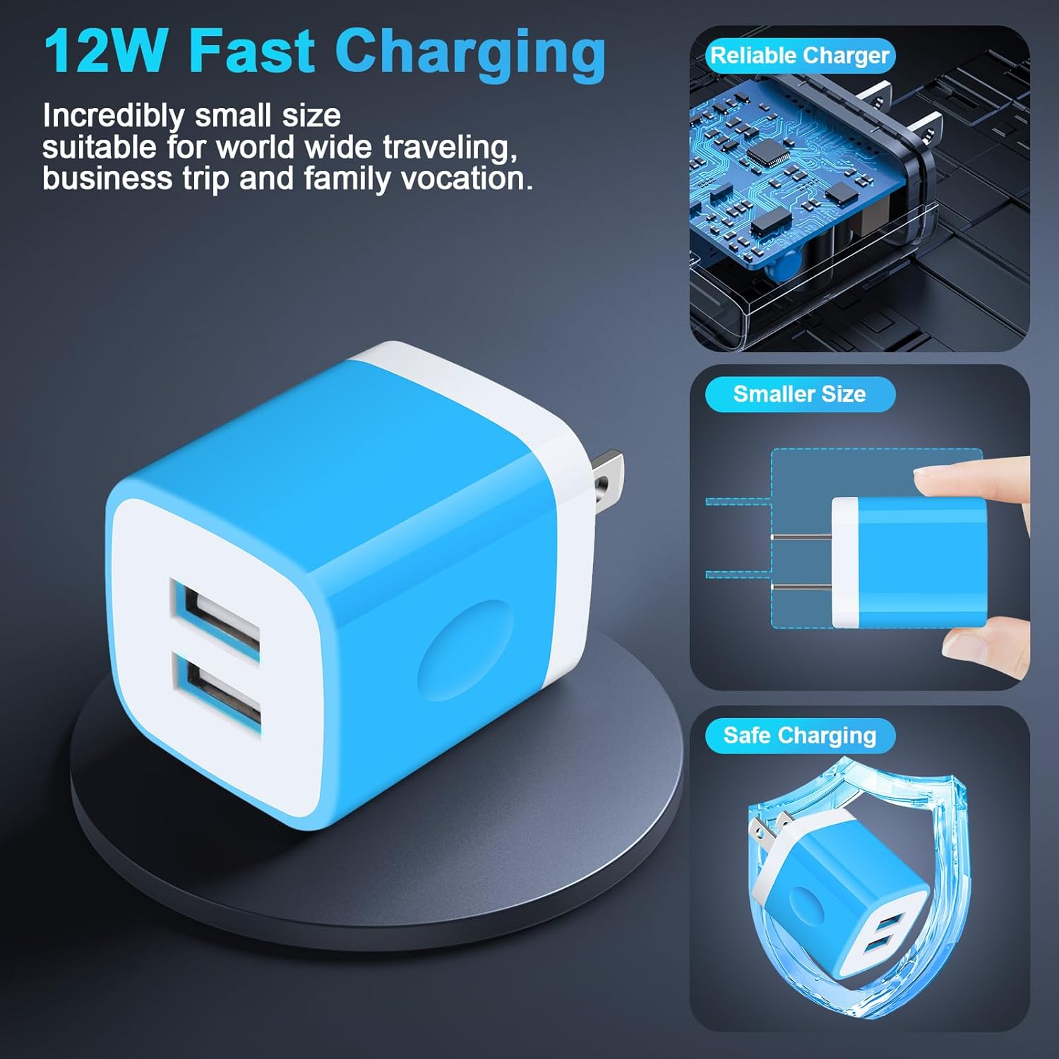 Cargador de pared USB, ladrillo cargador, paquete de 2.1 A, adaptador de cargador USB de doble puerto, bloque de carga rápida, caja de cargador para