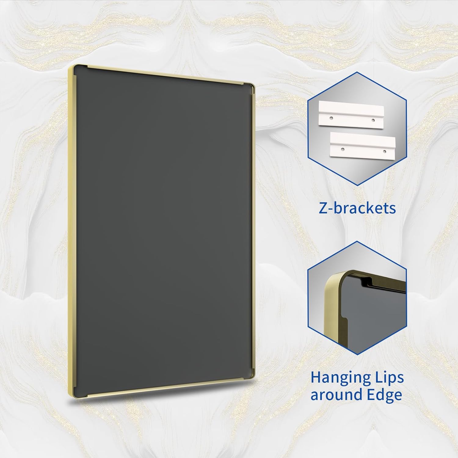 WEER Espejo de baño dorado, 24 x 36 pulgadas, marco de metal dorado cepillado, espejo rectangular redondeado de baño dorado para pared, vidrio