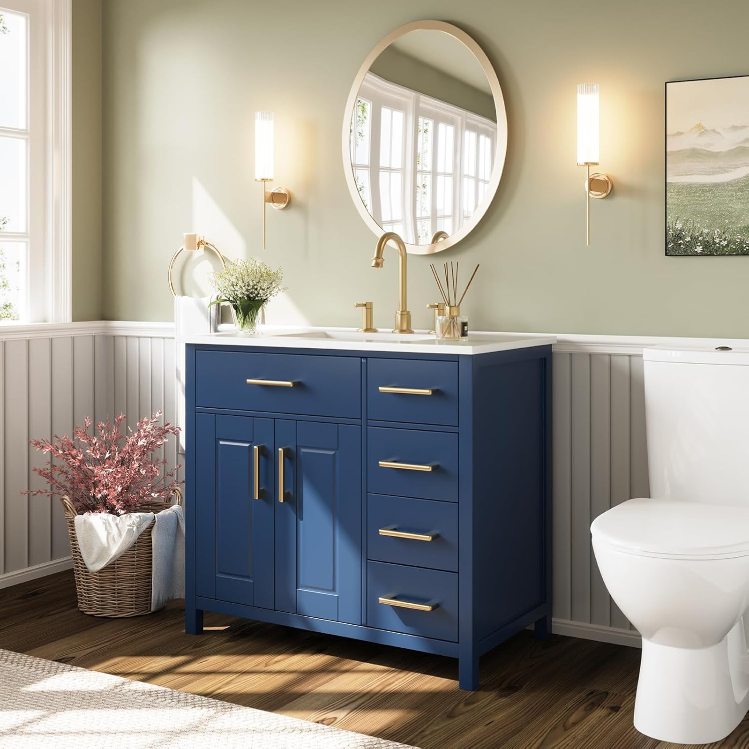 Combinación de tocador de baño de 36 pulgadas con lavabo, moderno juego de gabinete de baño individual pequeño, incluye encimera de 37 pulgadas y